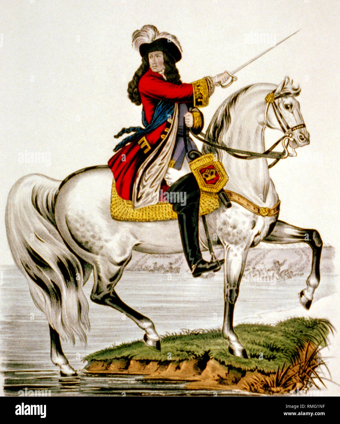 King Billy, king william III of orange crossing the boyne on his white horse at the battle of the boyne 1st july 1690  Image updated using digital restoration and retouching techniques Stock Photo