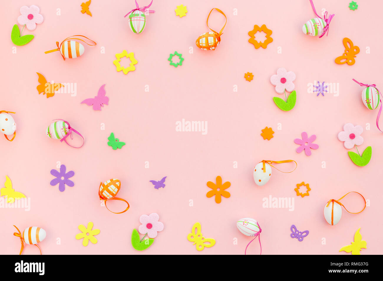 Creative Top view flat lay holiday composition Easter eggs spring ...