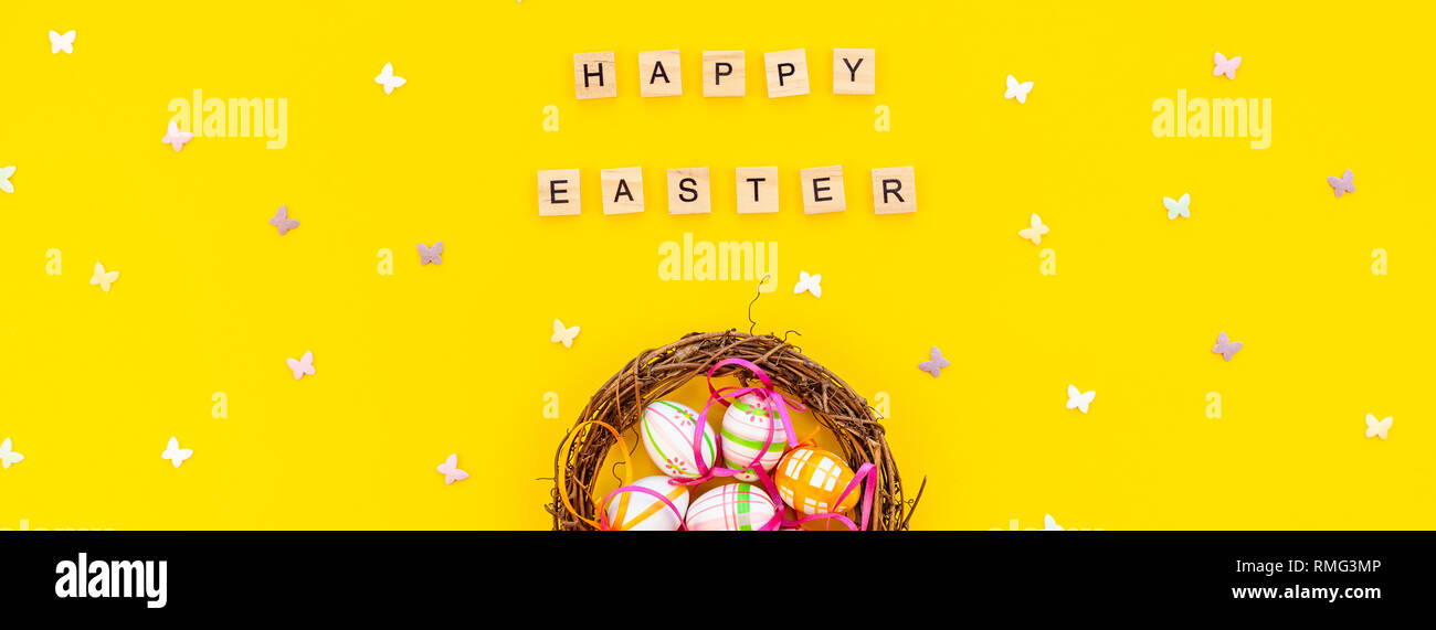 Creative Top view flat lay holiday composition Easter bunny ears eggs ...