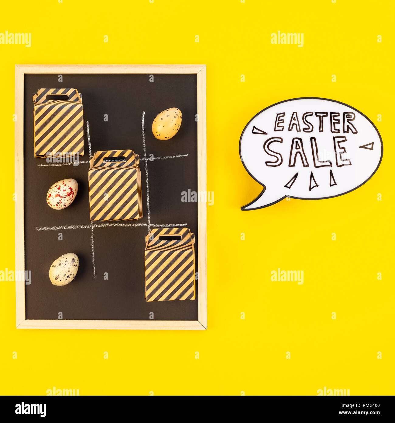 Creative Top view flat lay holiday promo composition Easter sale bunny ...