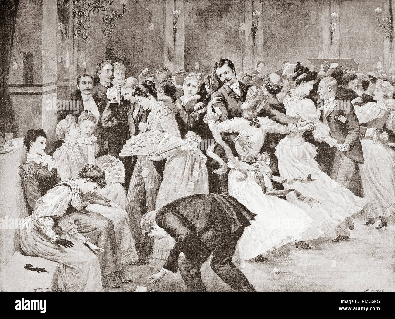 English customs.  A dance in London, England in the 19th century. From La Ilustracion Artistica, published 1887. Stock Photo