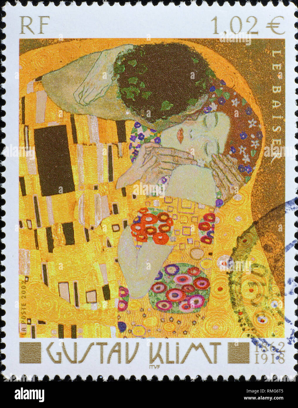 Detail of the kiss by Klimt on french stamp Stock Photo