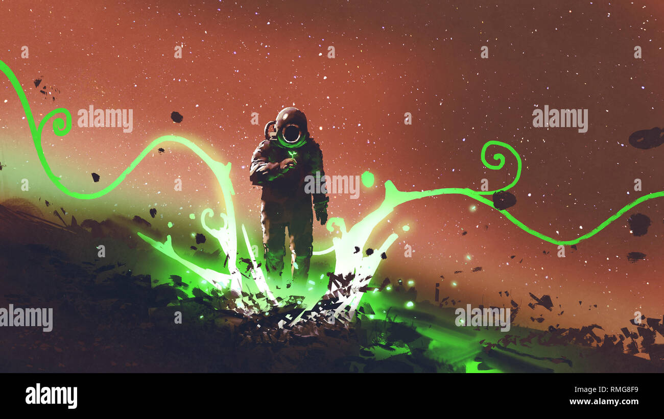 spaceman looking at mysterious plants with green light, digital art style, illustration painting Stock Photo