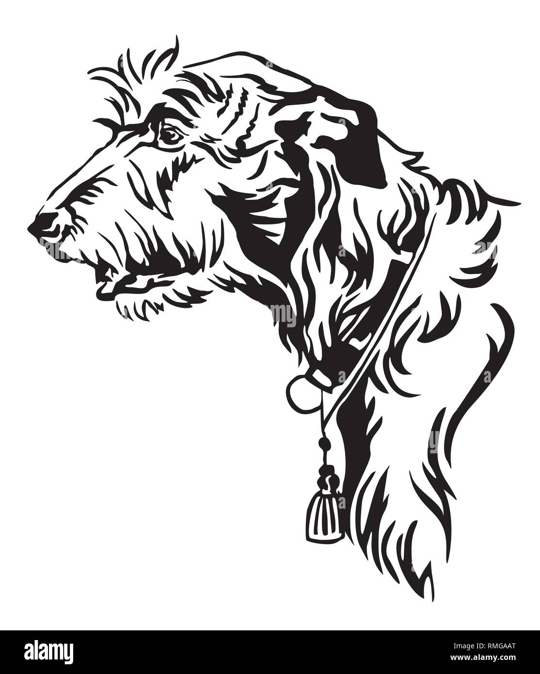 Decorative outline portrait of Dog Irish Wolfhound looking in profile, vector illustration in black color isolated on white background. Image for desi Stock Vector