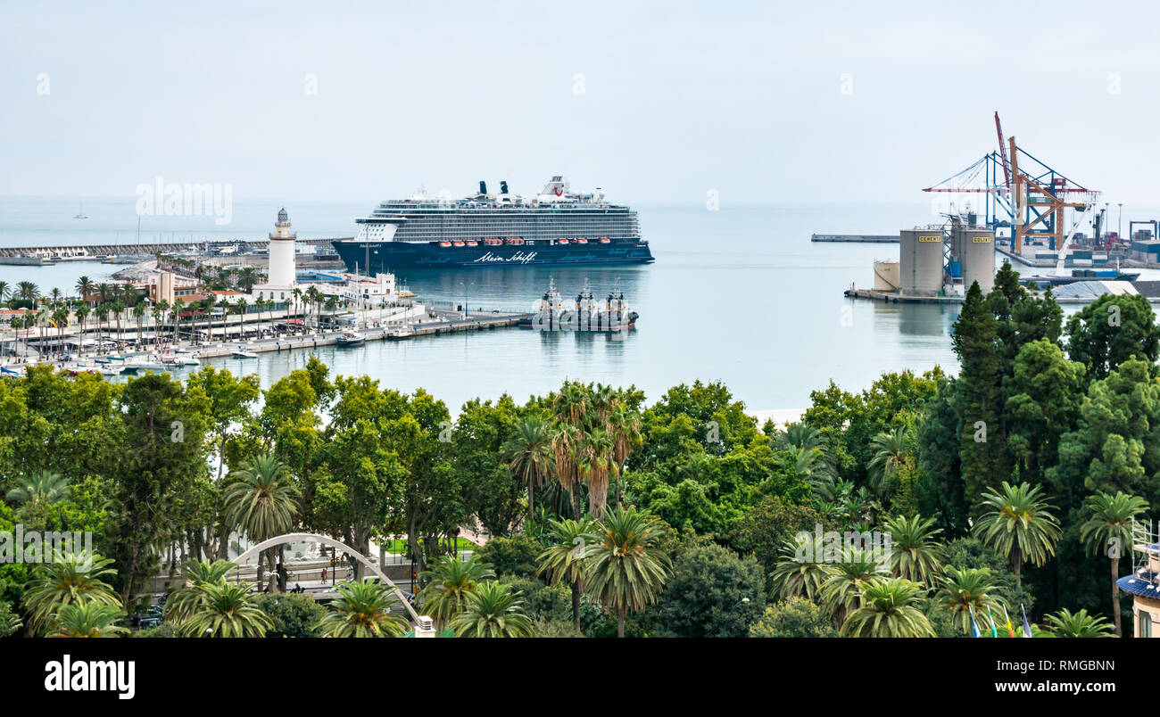 Malaga harbour seen from above. German tourist passenger ship Mein Schiff in port, Malaga, Andalusia, Spain Stock Photo