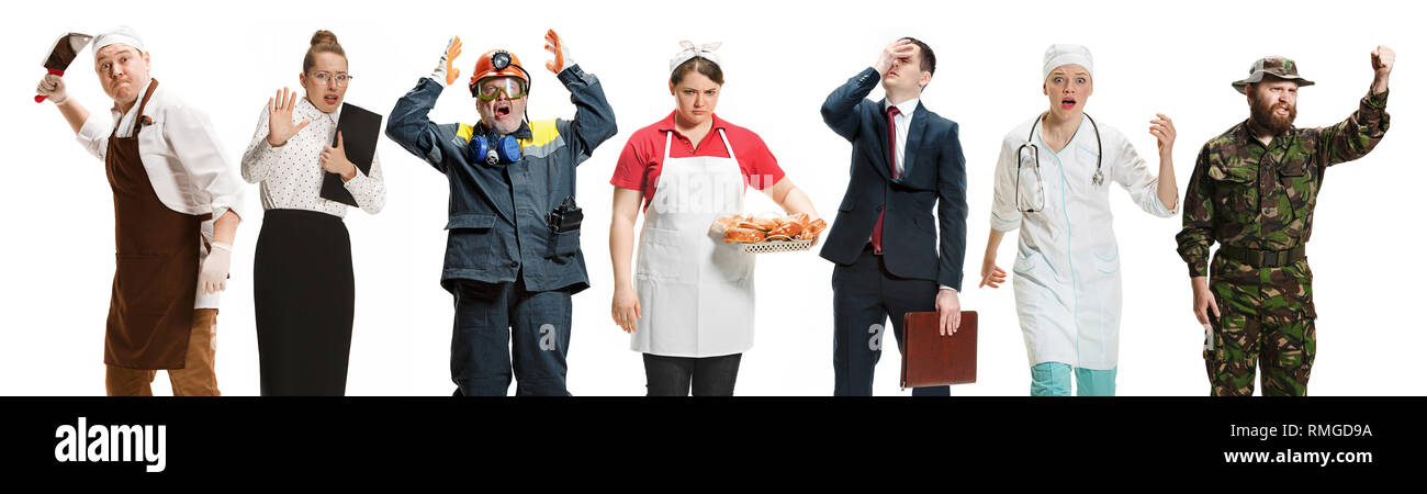 Workers strike concept. Collage of different professions. Group of angry men and women in uniform screaming at studio isolated on white background. Buisiness, professional concepts Stock Photo
