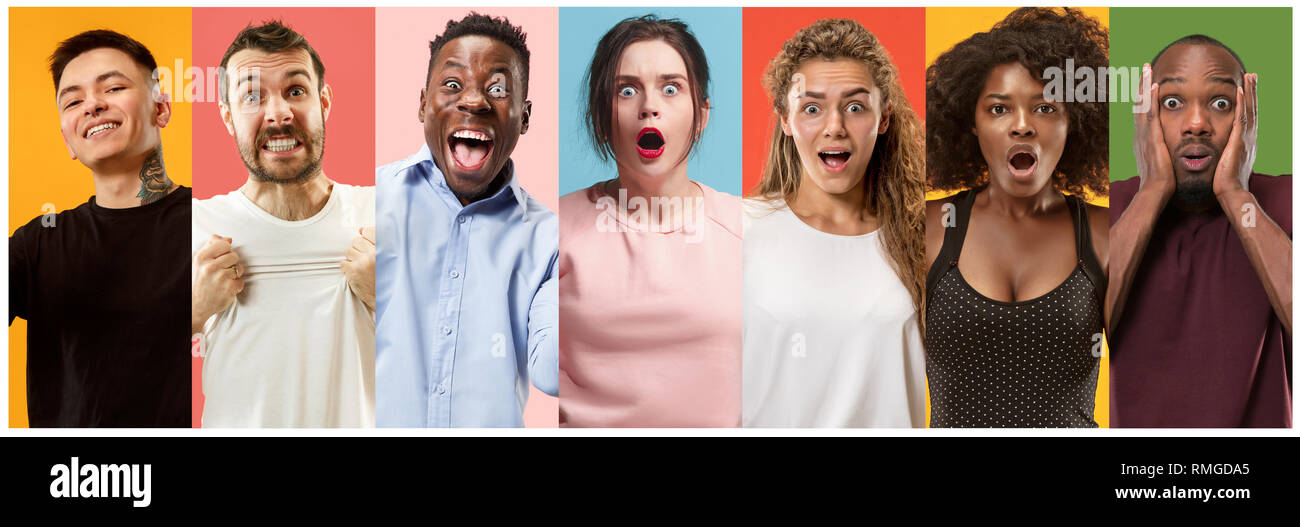 The collage of faces of surprised people on colored backgrounds. Happy men and women smiling. Human emotions, facial expression concept. collage of different human facial expressions, emotions, feelings Stock Photo