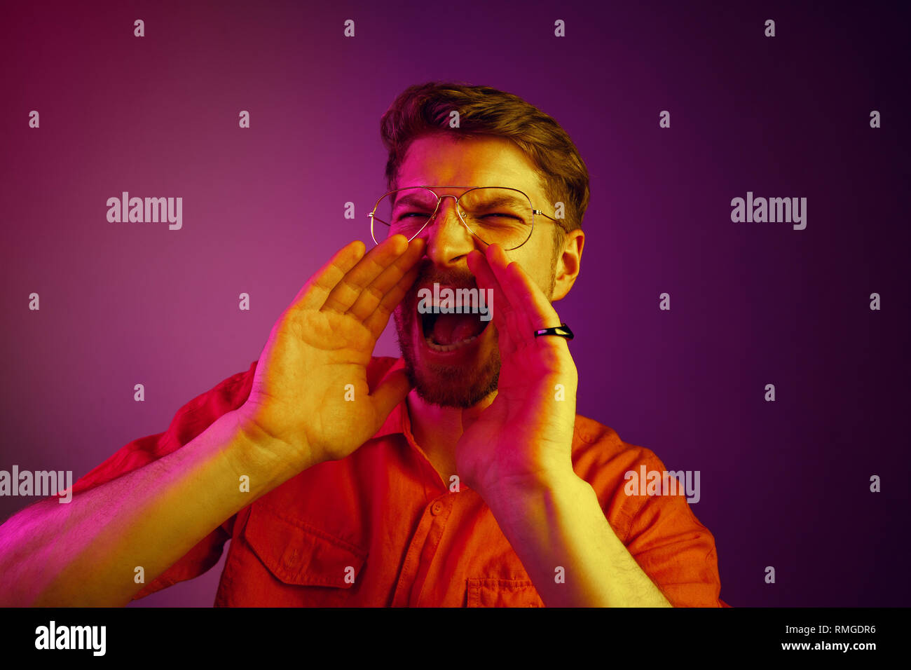 Do not miss. Young casual man shouting. Shout. Crying emotional man