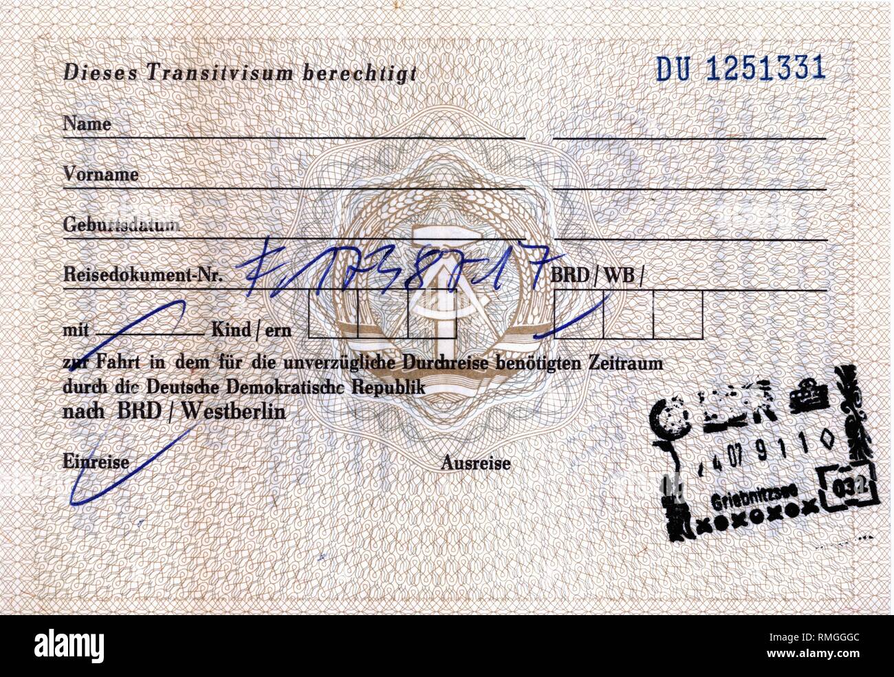 Back of the East German transit visa for a onetime journey through its territory on the prescribed transit routes. Issue date July 9, 1974. Stock Photo