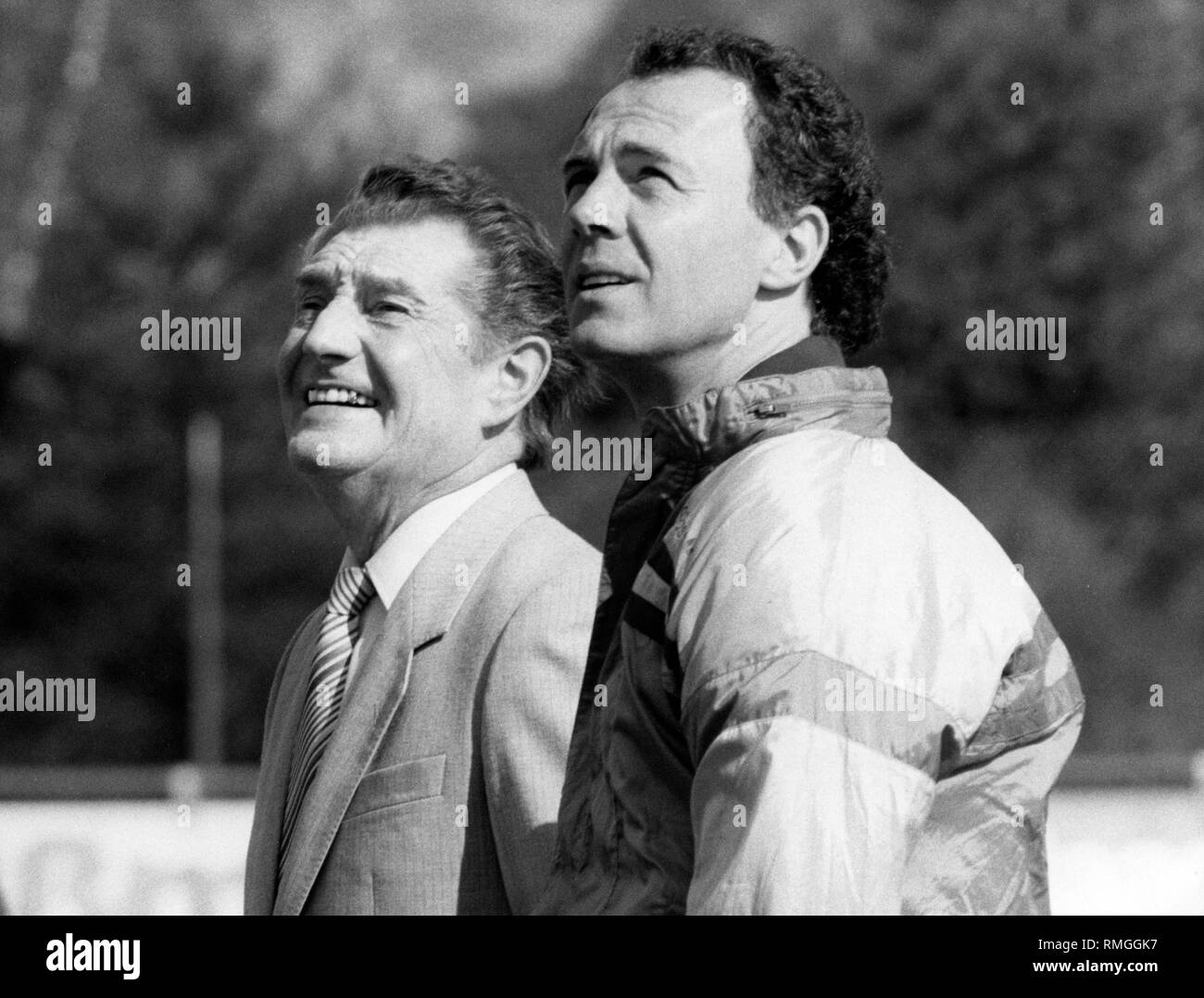 The two honorary captains of the German national team Franz Beckenbauer (right) and Fritz Walter in the Fritz Walter Stadium before the international match. Stock Photo