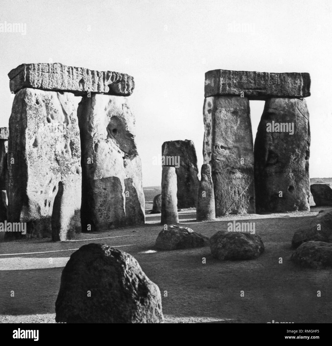 The picture shows a view of the megalithic site Stonehenge near Salisbury in the south of England. The picture is probably from the 1980s. Stock Photo