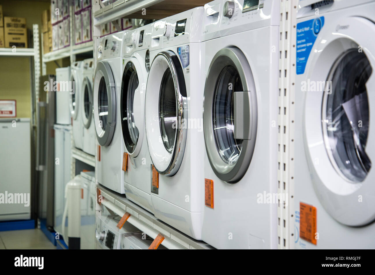 Chelyabinsk Region, Russia - February 2019. Shop household electrical goods 'NORD'. Racks with the goods. Stock Photo