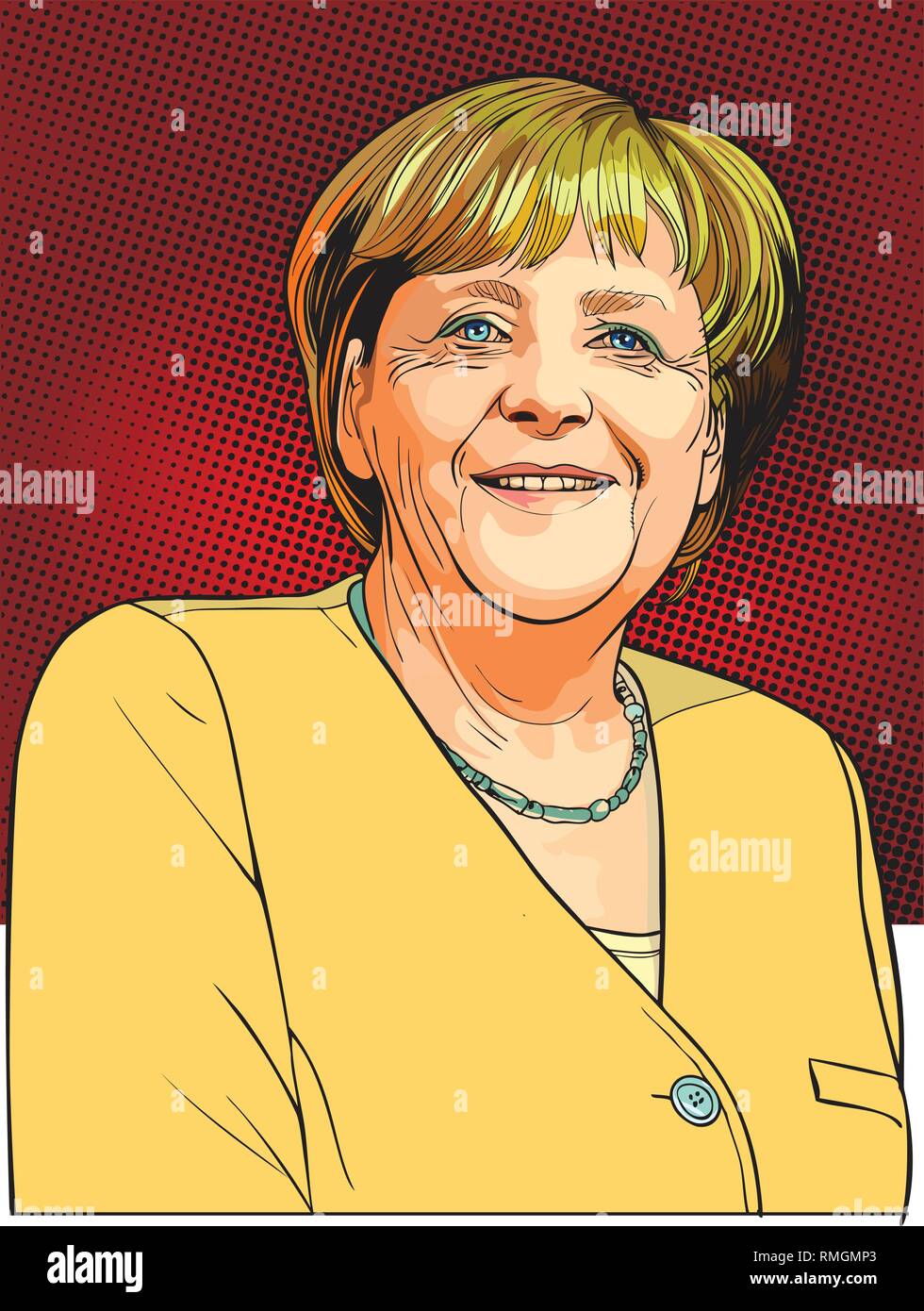 Angela Merkel portrait in line art illustration. She is German politician and the current Chancellor of Germany.politics Stock Vector