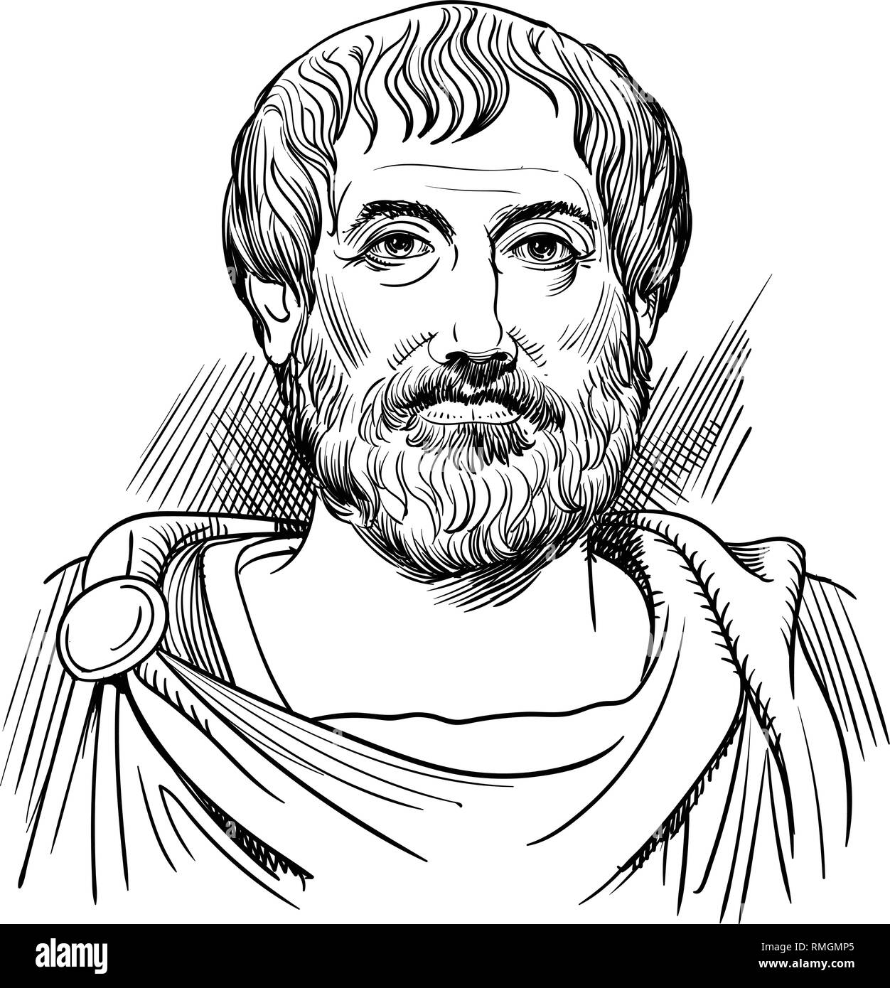 Aristotle portrait in line art illustration. He was ancient Greek philosopher, scientist, author of philosophical system on Christian scholasticism. Stock Vector