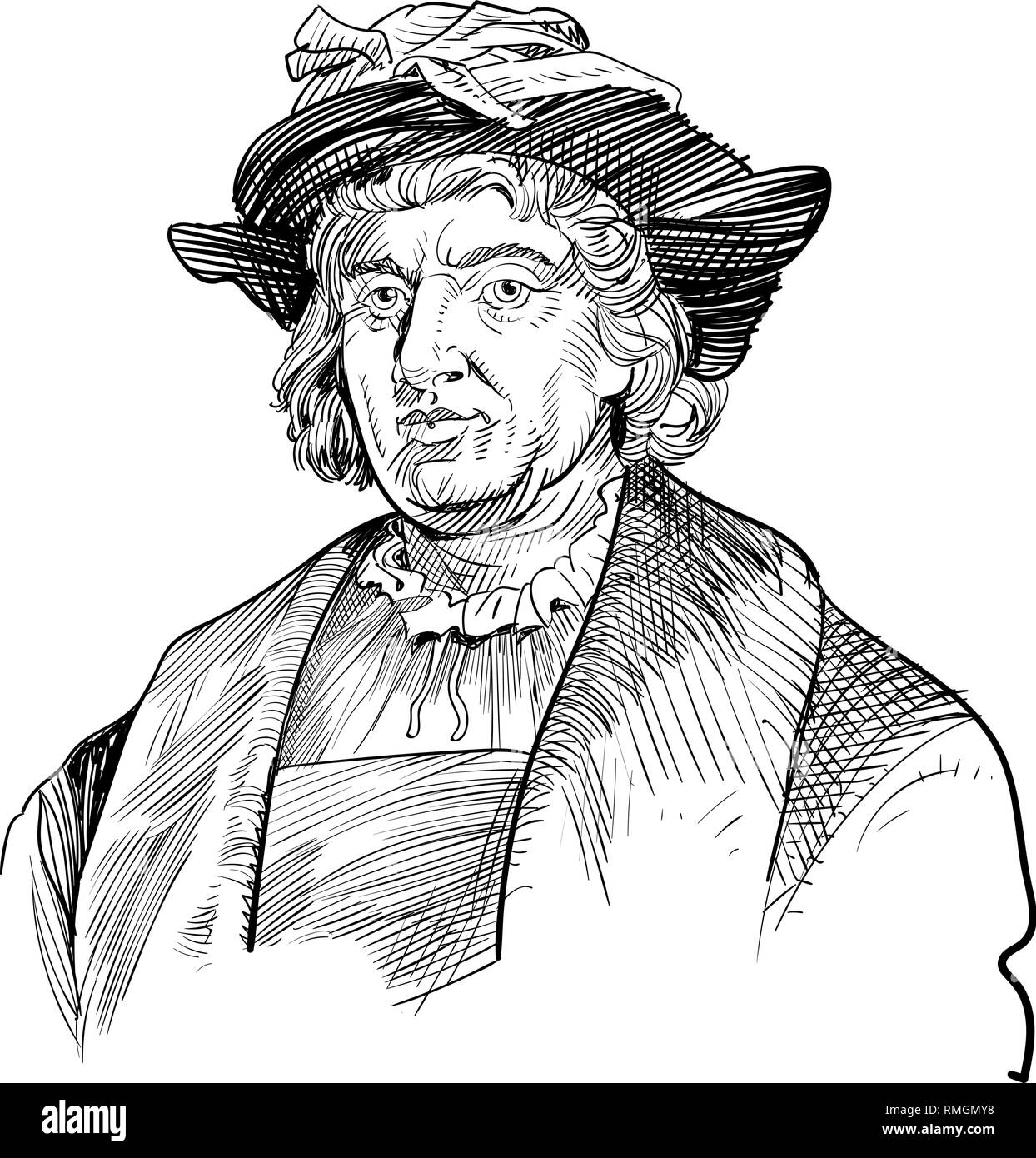 Christopher Columbus portrait in line art illustration. He was an Italian explorer, colonizer, navigator and the discoverer of the America continent. Stock Vector