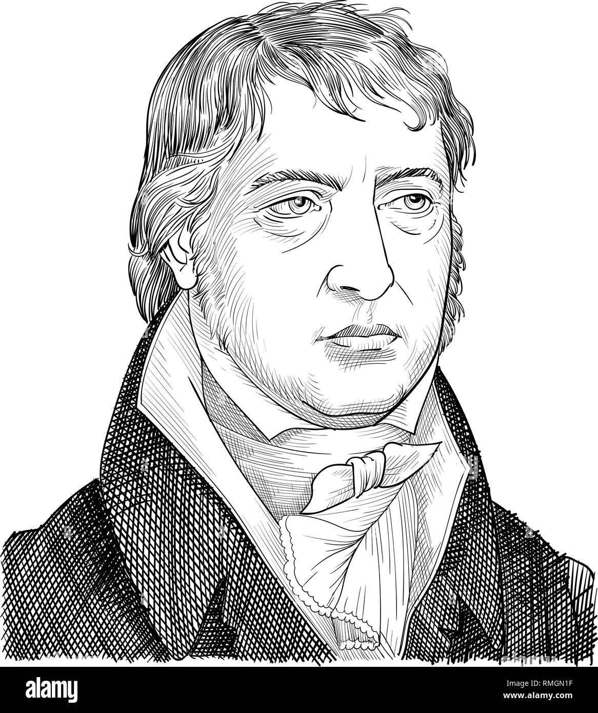 George Wilhelm Friedrich Hegel portrait line art illustration. He was a German philosopher and important figure of German idealism. Stock Vector
