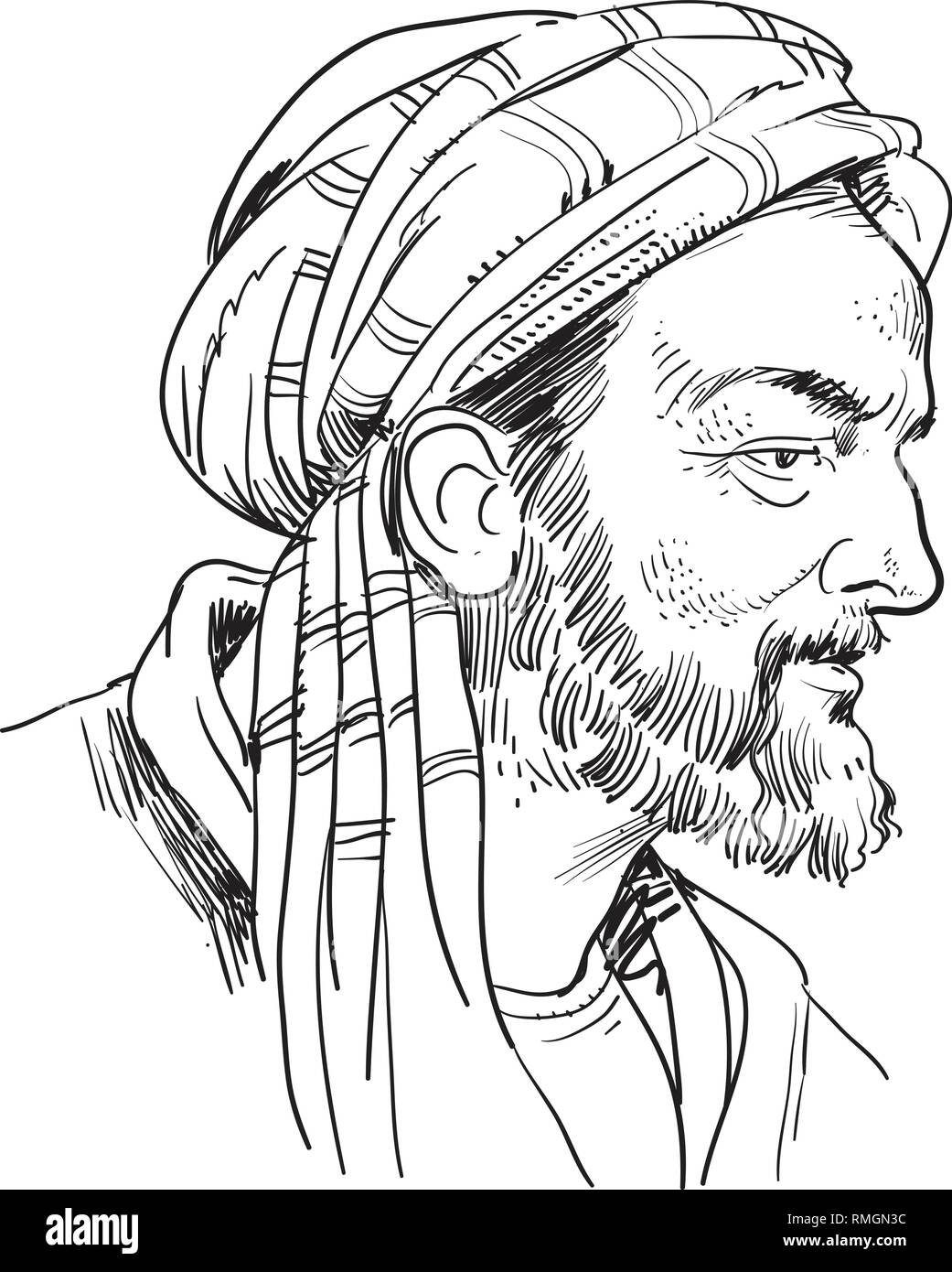 Avicenna portrait in line art. He was Persian polymath, physician, astronomer, thinker and writer of the Islamic Golden Age. Stock Vector