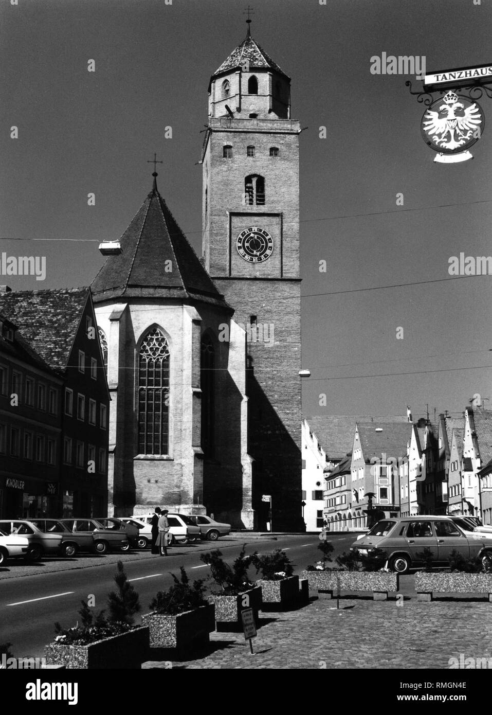 The main street in Donauwoerth with the parish church (undated shot). Stock Photo