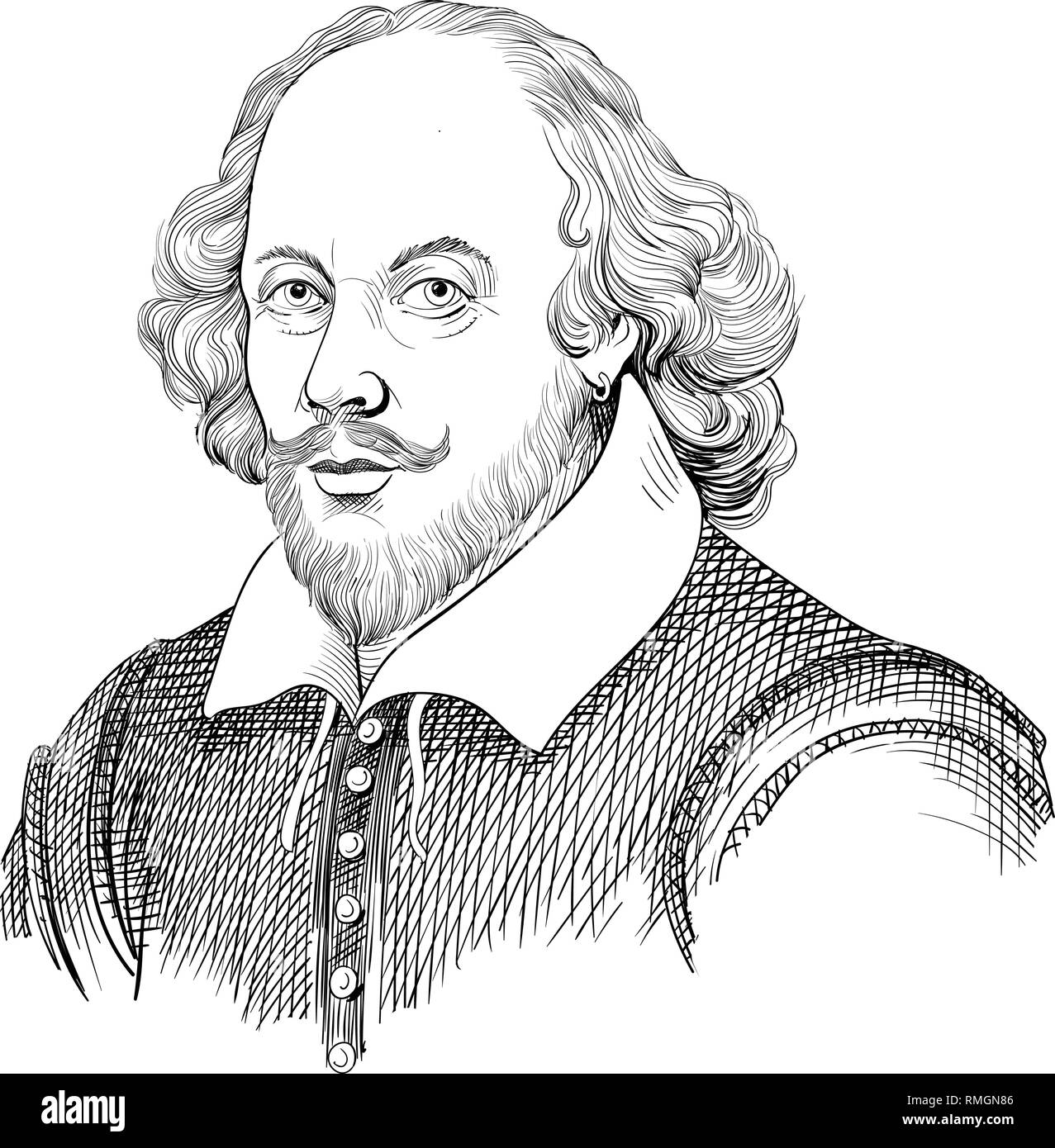 William Shakespeare portrait in line art illustration. He was English poet, playwright, actor, regarded as the greatest author in English literature. Stock Vector