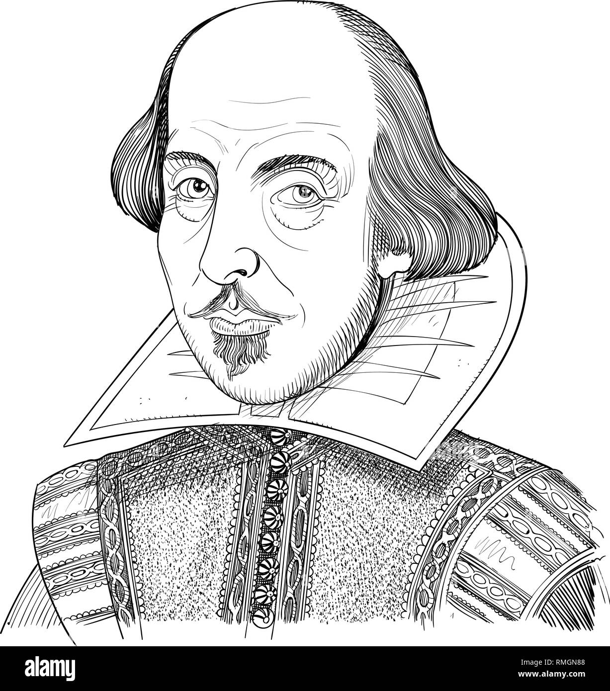 William Shakespeare portrait in line art illustration. He was English poet, playwright, actor, regarded as the greatest author in English literature. Stock Vector