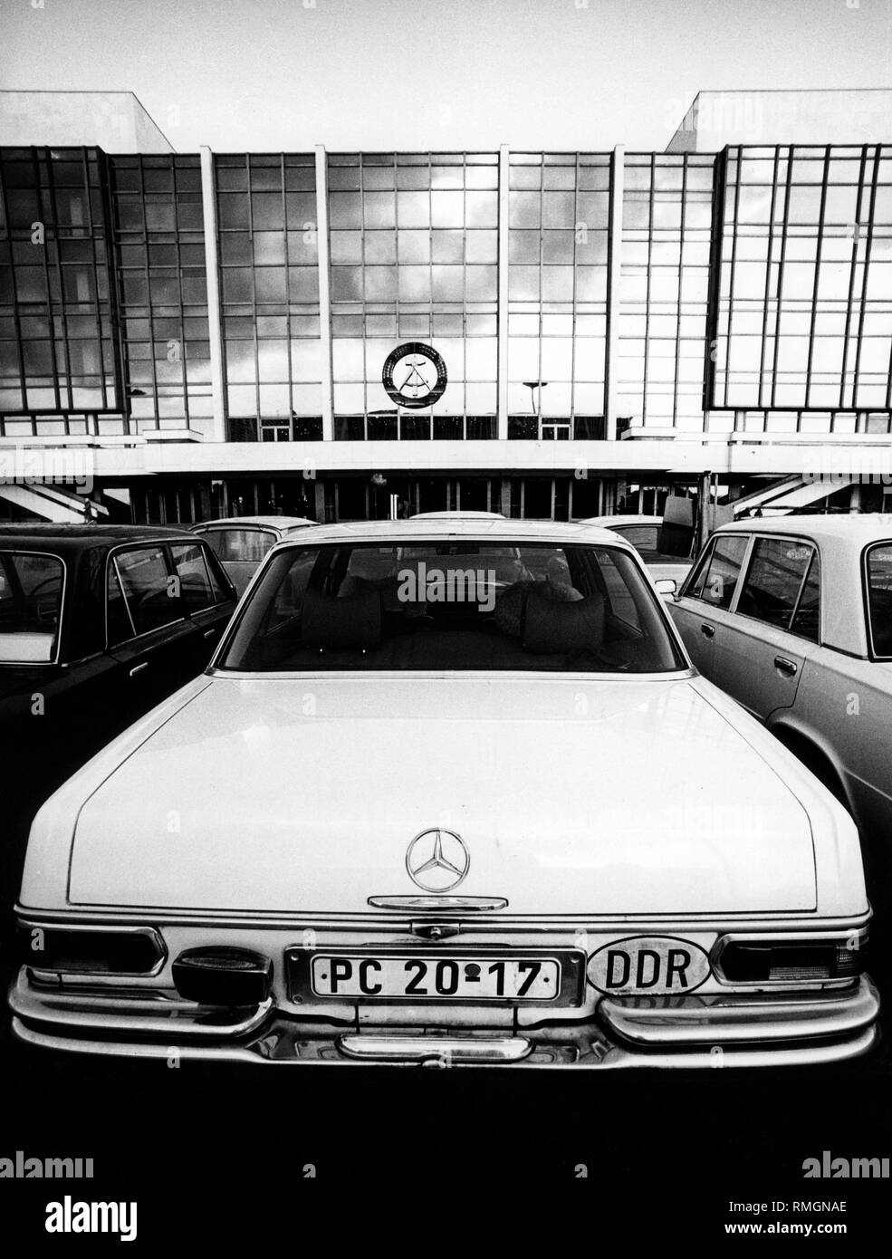 Mercedes with a GDR country code in the parking lot in front of the Palace of the Republic. Stock Photo