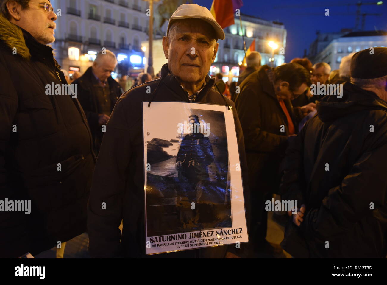 A protester is seen holding a picture of his missing father during the Spanish dictatorship of Francisco Franco (1936-1975), as he takes part during the protest. Around hundred people gathered in Madrid to protest against immunity for the crimes committed during the Spanish Civil War, the Francisco Franco's dictatorship, and to demand justice for victims and relatives. Stock Photo