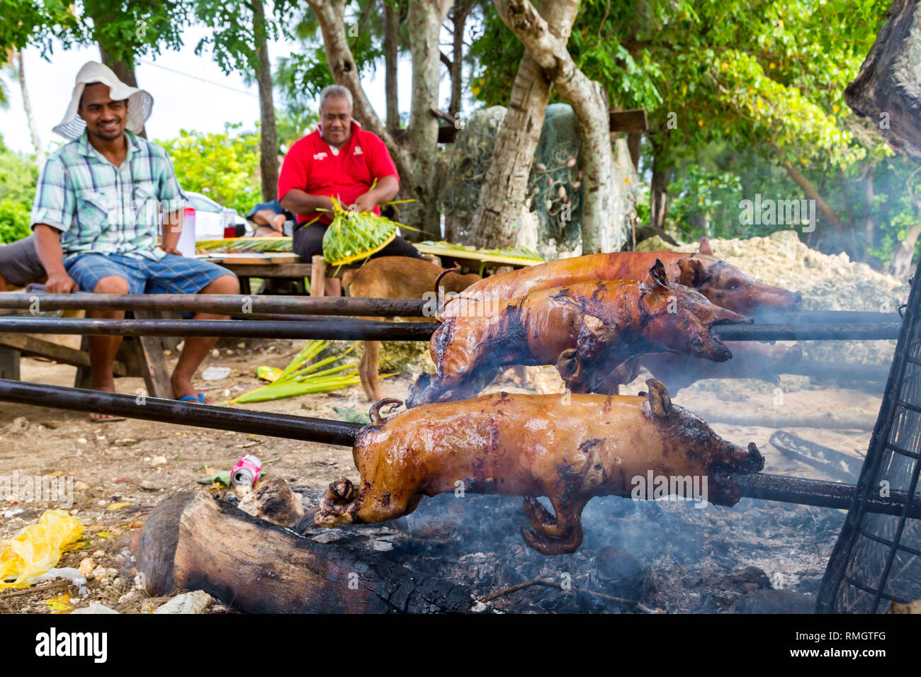 Tongatapu, Tonga - Jan 10 2014: a group of local native indigenous Polynesian men does a pork barbecue of small piglets on an open fire on a Tongan be Stock Photo
