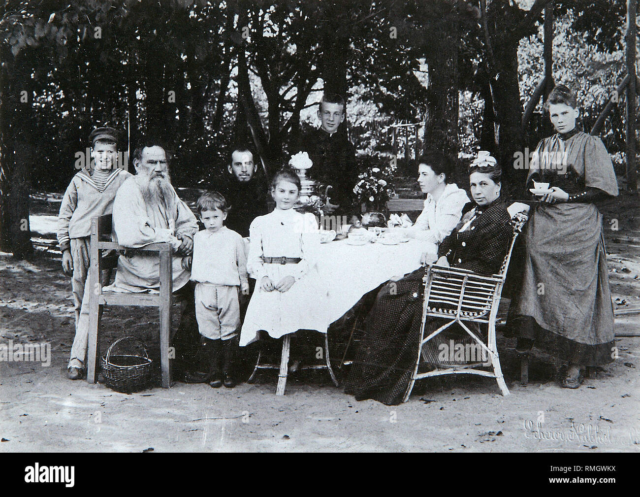 Family portrait of the author Leo N. Tolstoy (1828-1910). Silver Gelatin Photography Stock Photo