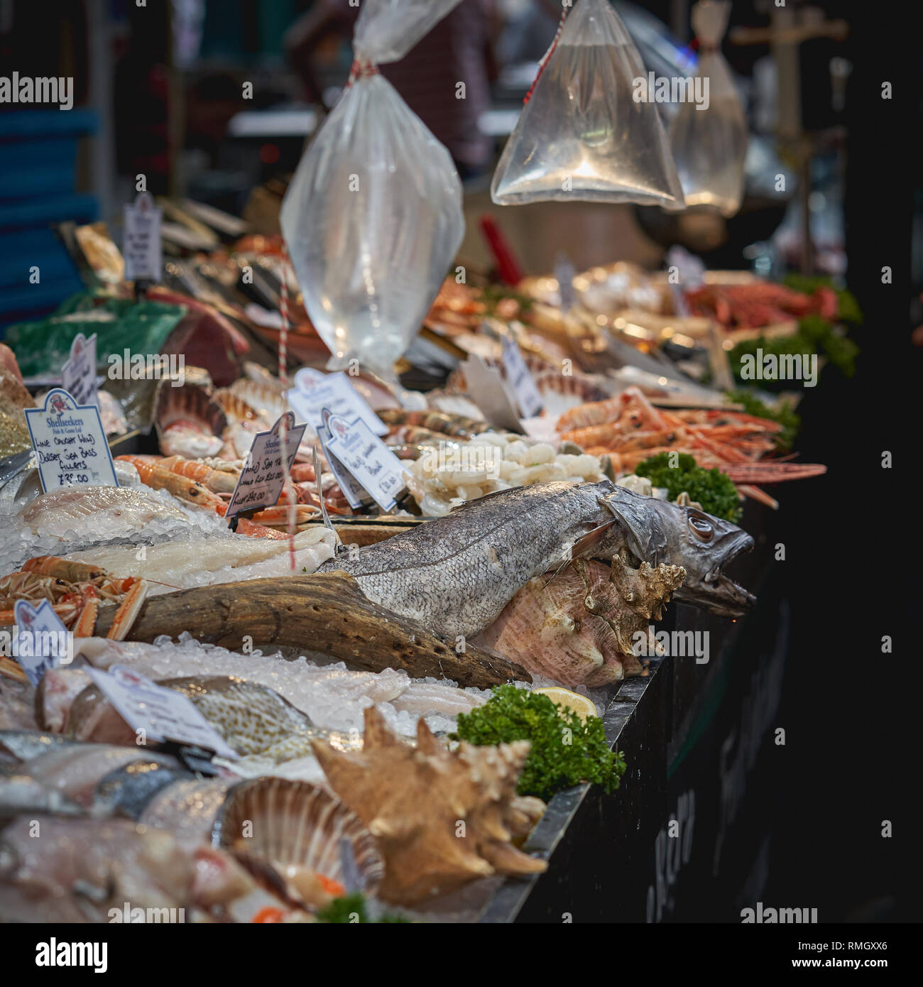London, UK - June, 2018. Variety of fishes and shellfishes on sale at a fishmonger stall in Borough market. Stock Photo