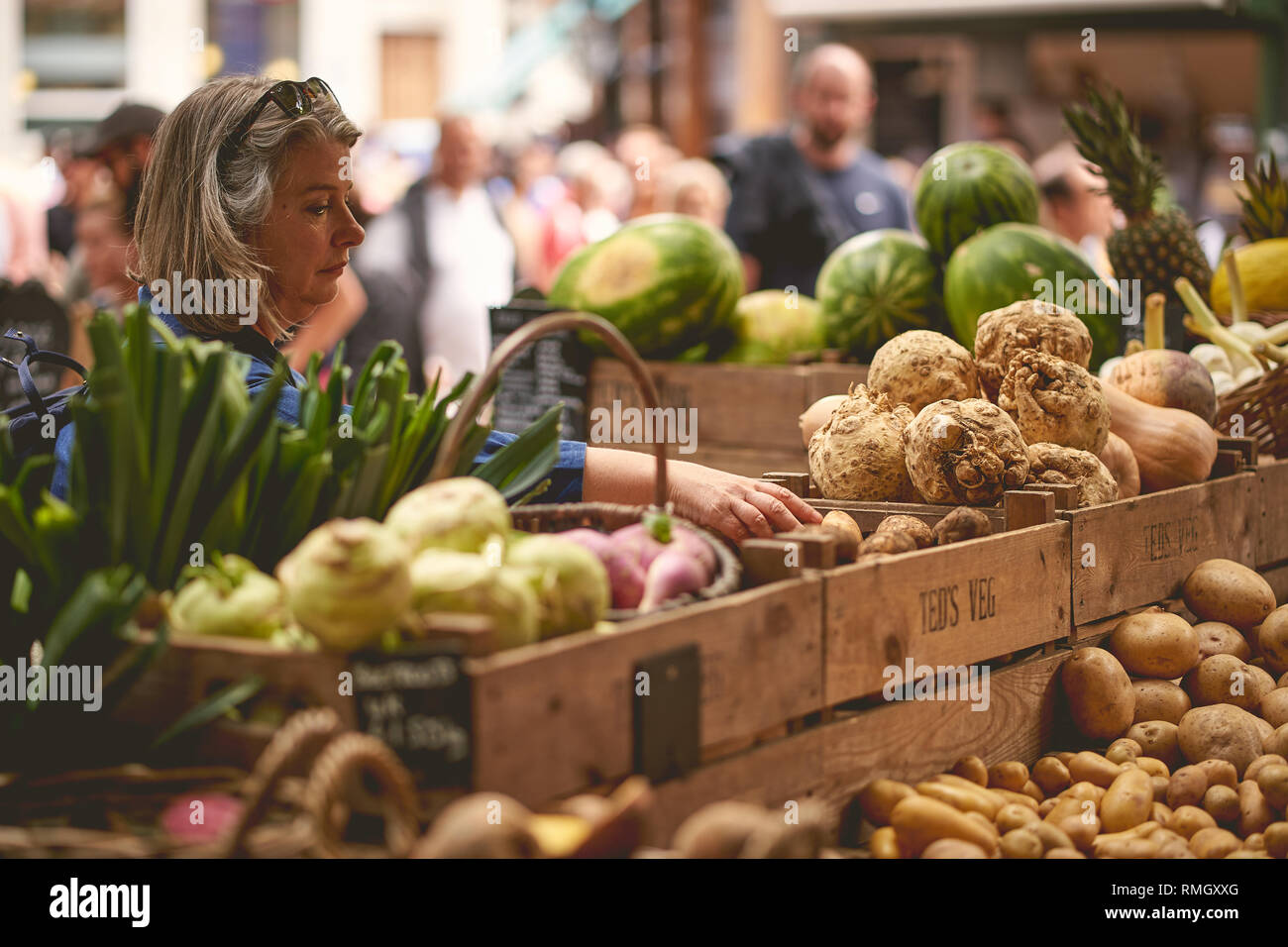 London, UK June, 2018. Green groceries including potatoes, roots