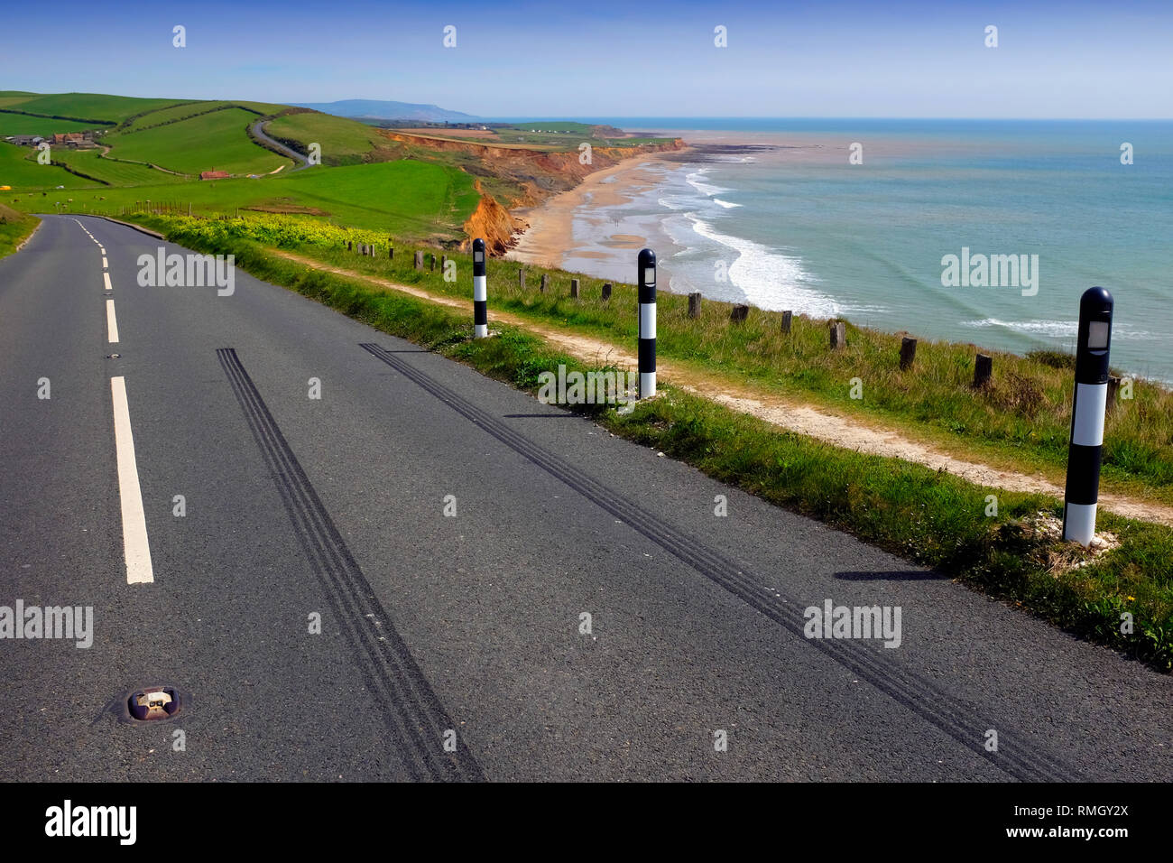 Beautiful,coastal road, scenic, drive, sea, view,downs, fields, farm land,  Tyre, skid, marks, Military Road, Compton Bay, Isle of Wight, England, UK, Stock Photo