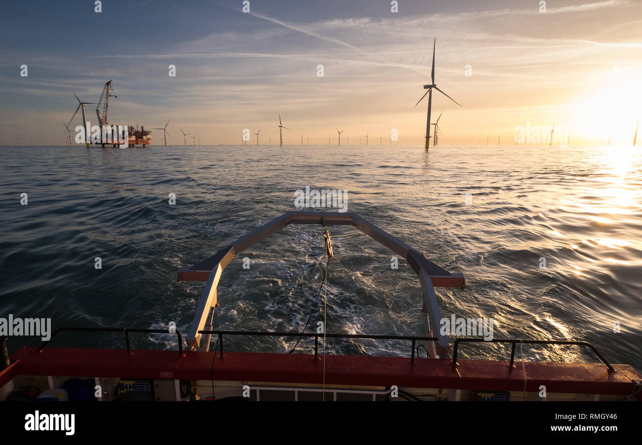 Marine geophysical survey works mapping the seabed on an offshore wind farm Stock Photo