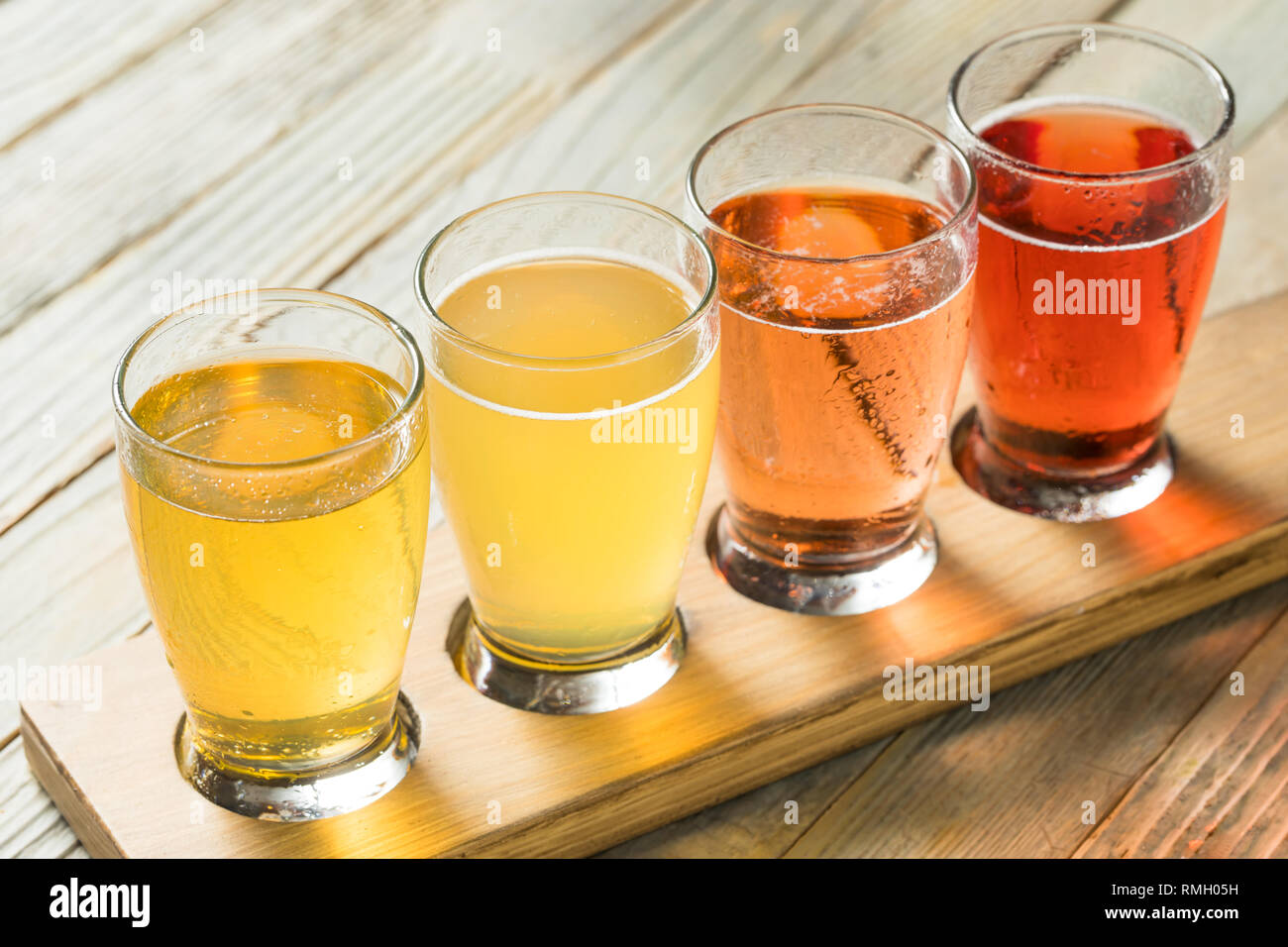Refreshing Hard Cider Flight of Beers to Drink Stock Photo Alamy