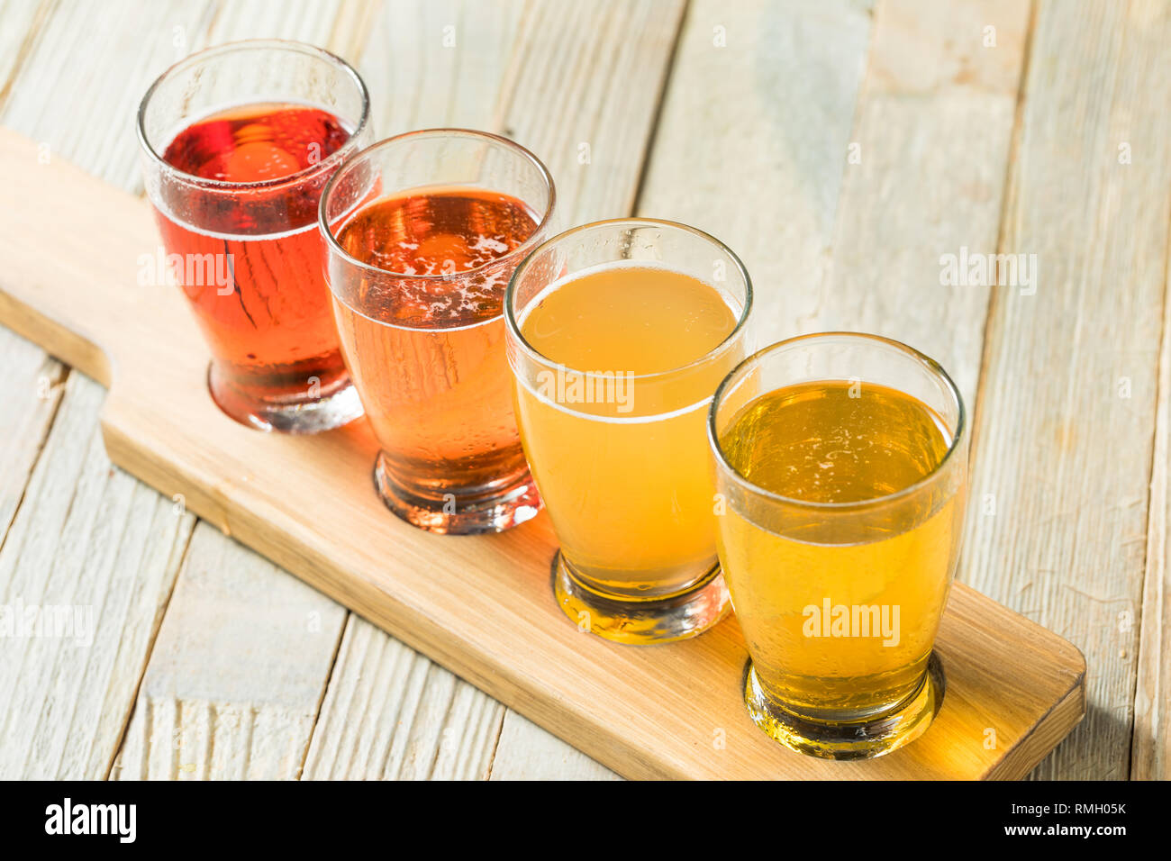 Refreshing Hard Cider Flight of Beers to Drink Stock Photo Alamy