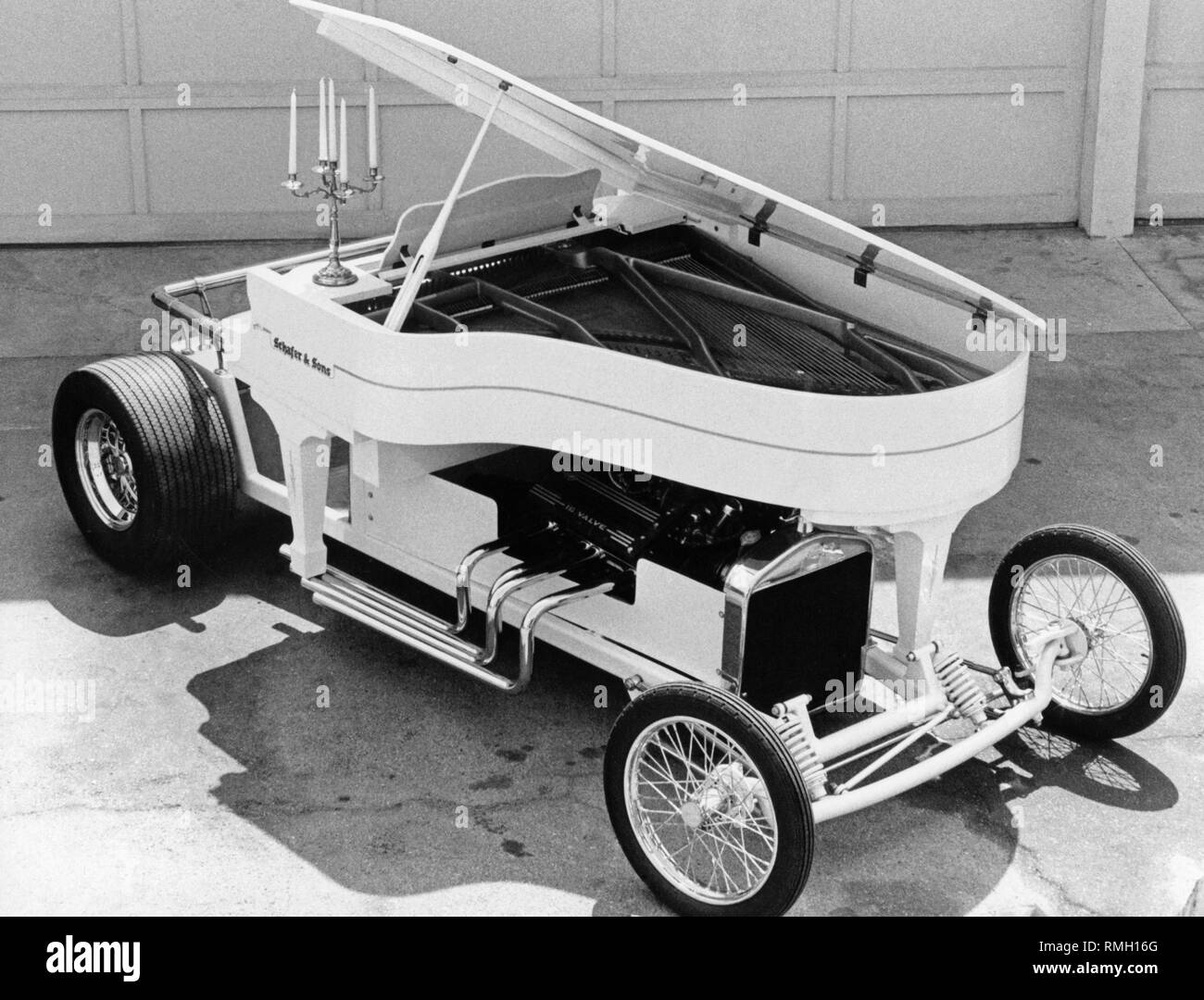 The American entertainer Liberace was supposed to open his shows on this car with a mounted piano, a fixed candlestick and 18ct gold-plated front wheels. However, the vehicle could never be used due to the musician's early death. The car is powered by a 327cui Chevrolet V8. Stock Photo