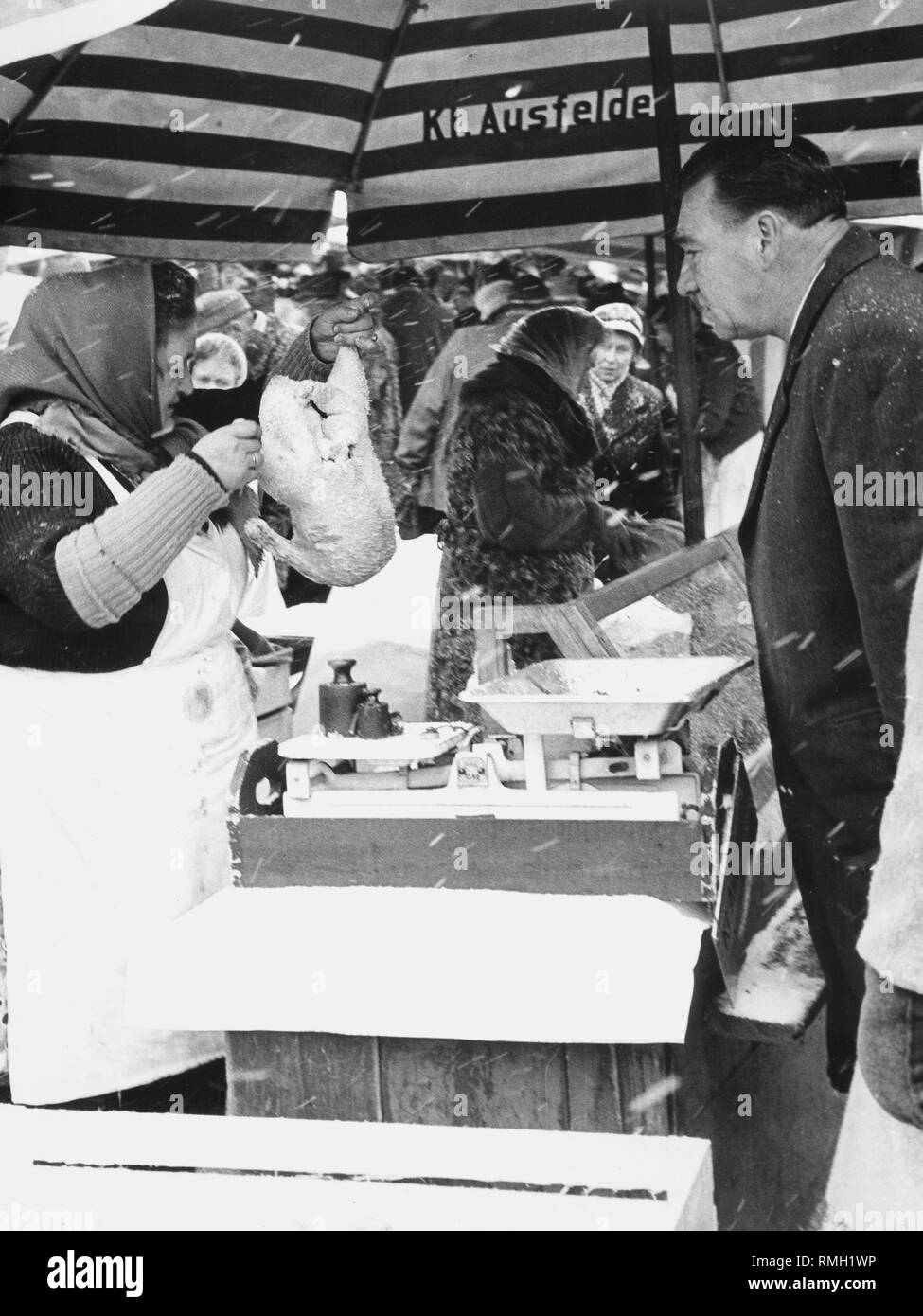 Market stall selling poultry and Christmas roast on the Viktualienmarkt in winter 1961. Stock Photo