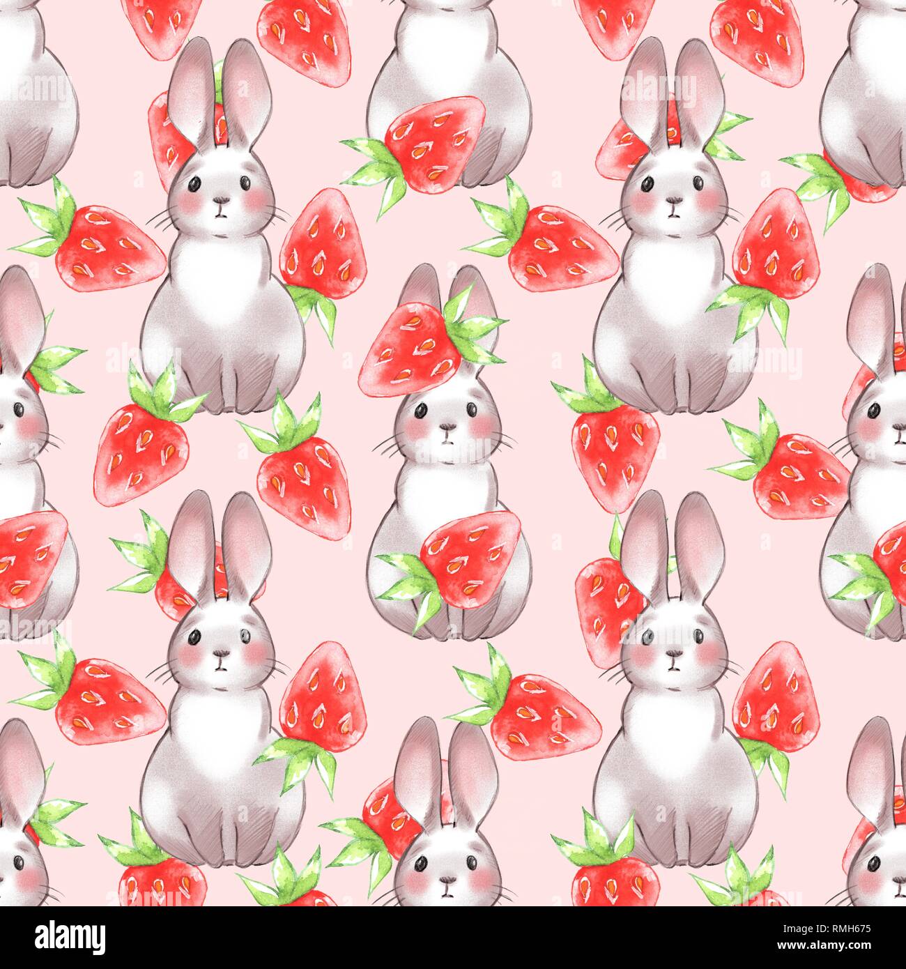 Cute cartoon rabbits and strawberries. Seamless pattern Stock Photo