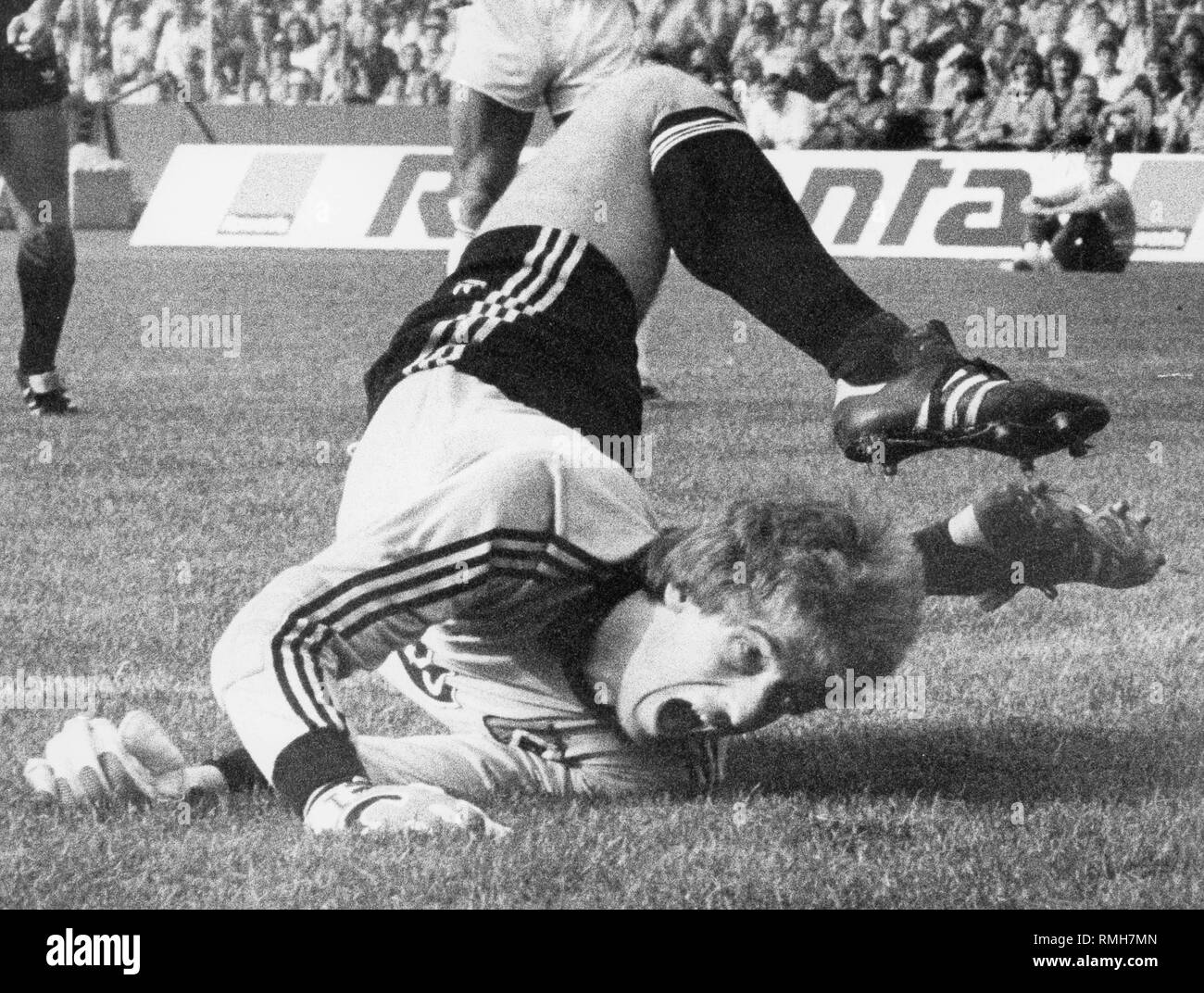 Ulrich 'Uli' Stein makes acrobatic effort during an international match between Germany and Brazil. Stock Photo