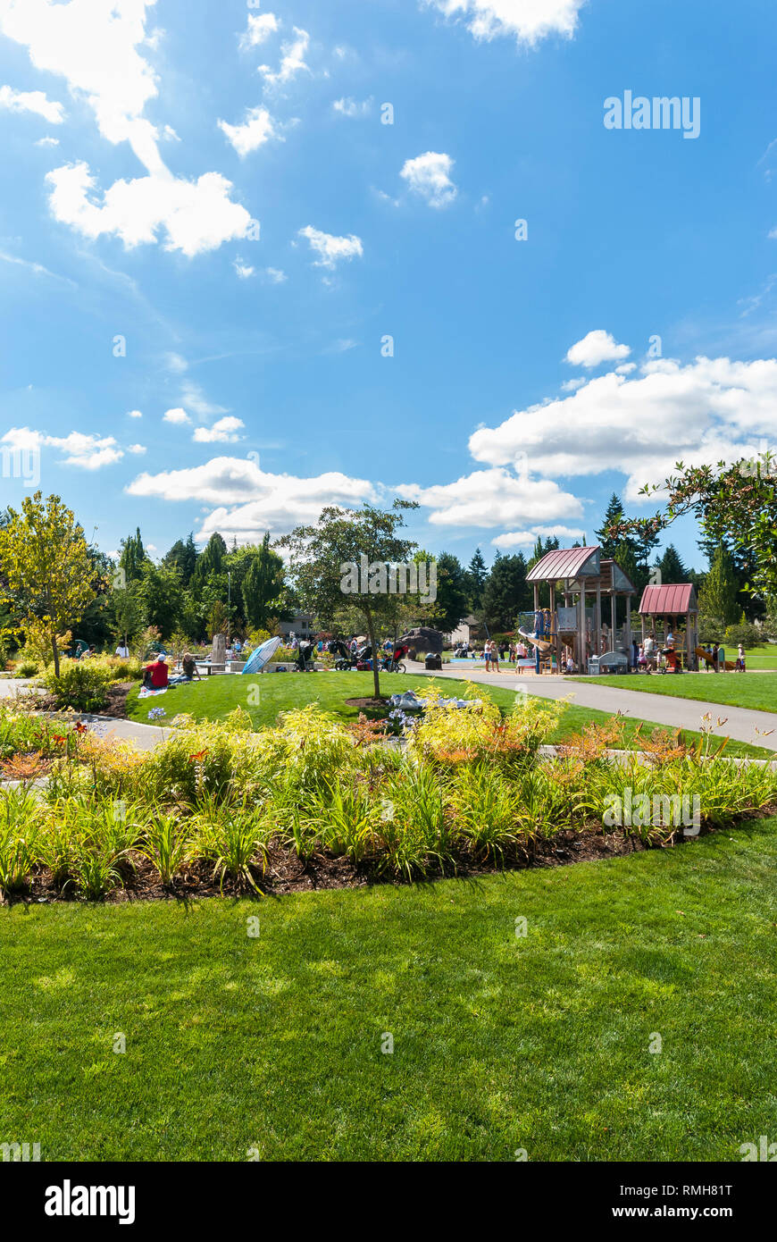 A picnic and playground area in Crossroads Park in Bellevue, Washington