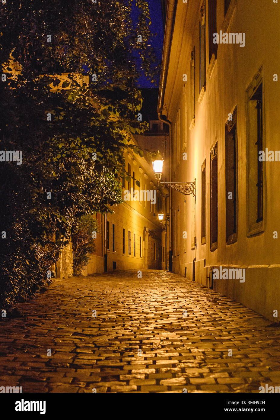An illuminated narrow cobblestone street in the Castle District of Budapest at night Stock Photo