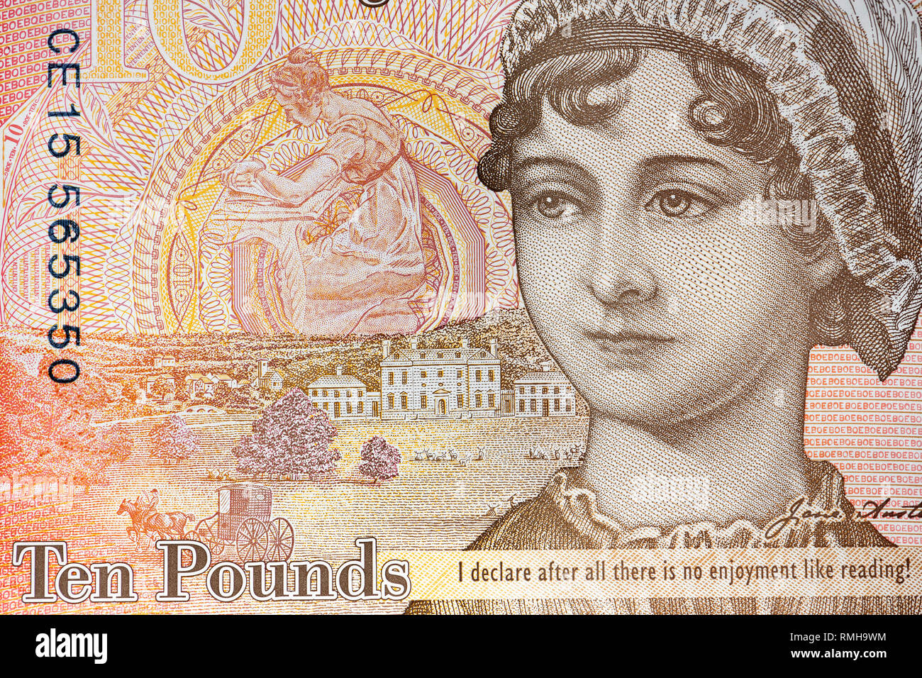 Close up detail of a Jane Austen ten pound note, UK. Stock Photo