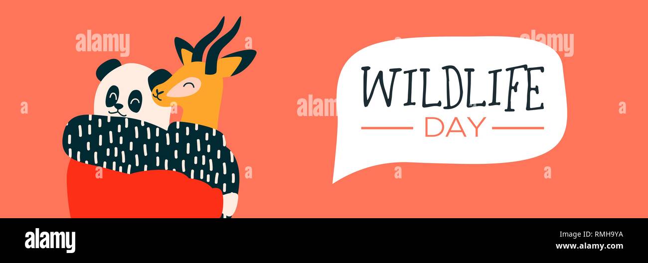 Happy wildlife day web banner. Panda bear and gazelle animal friends as people hugging together. Help, wild life conservation awareness concept. Stock Vector