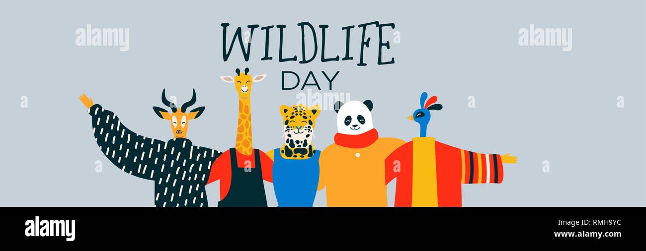 Happy wildlife day web banner illustration with exotic animal friend group as people hugging together. Help and wild life conservation awareness conce Stock Vector
