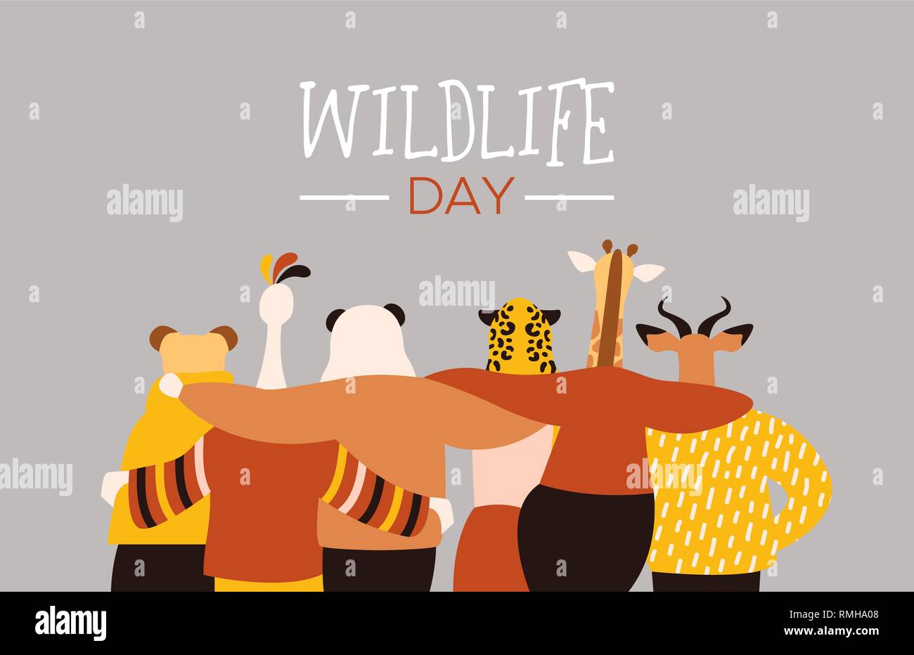 Happy wildlife day illustration with exotic animal friend group as people hugging together. Help and wild life conservation awareness concept. Stock Vector