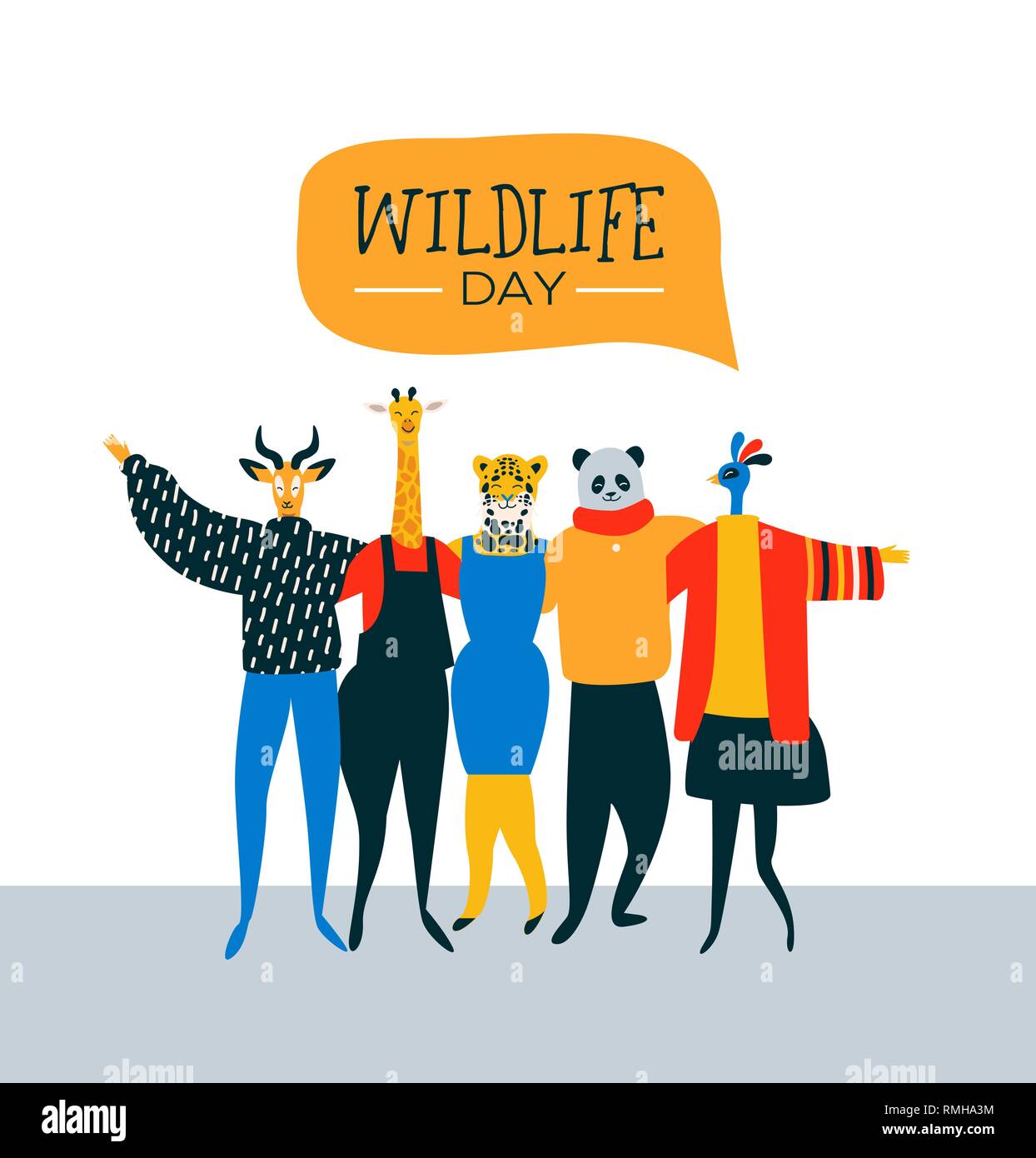 Happy wildlife day illustration with exotic animal friend group as people hugging together. Help and wild life conservation awareness concept. Stock Vector
