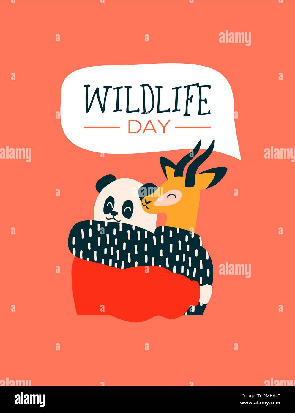 Happy wildlife day illustration. Panda bear and gazelle animal friends as people hugging together. Help, wild life conservation awareness concept. Stock Vector