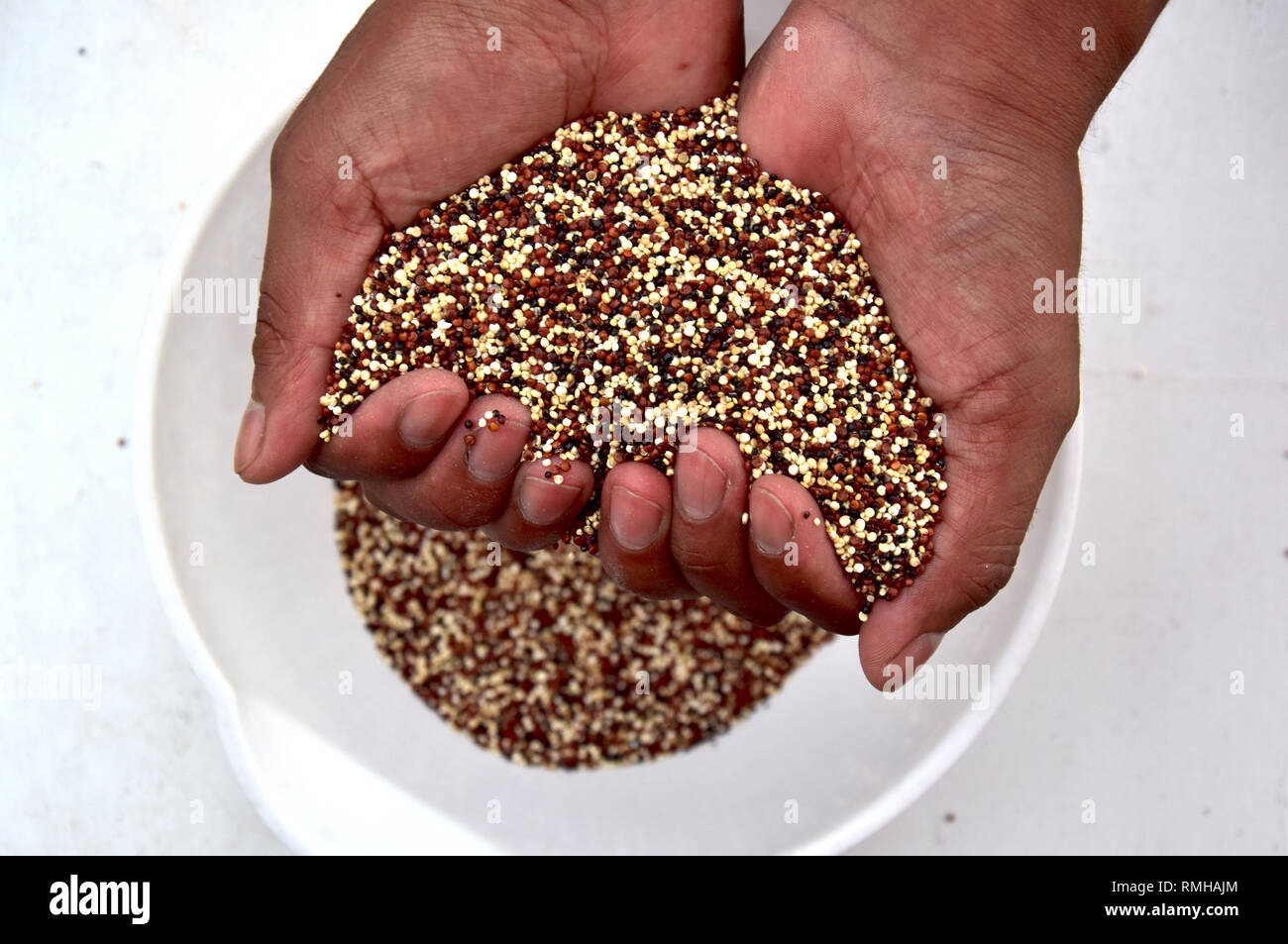 Cupped hand with three colors Quinoa Stock Photo