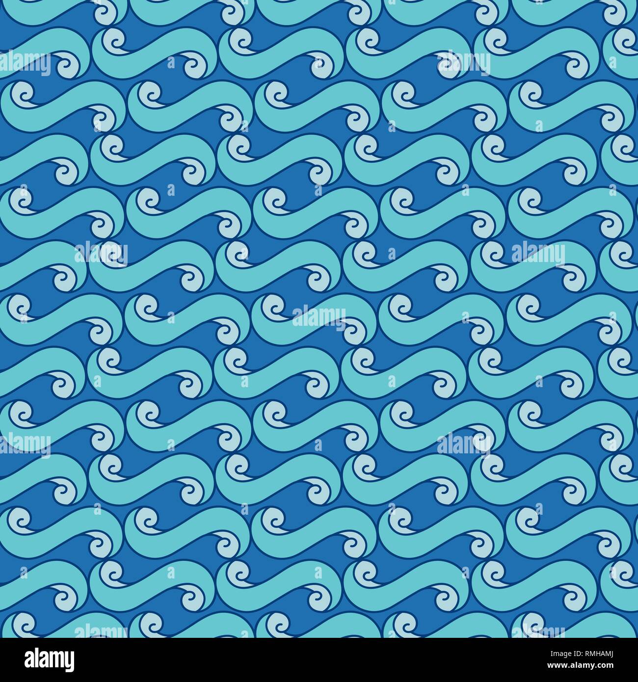 Blue sea waves seamless pattern, abstract ocean wave background of water flow. Stock Vector