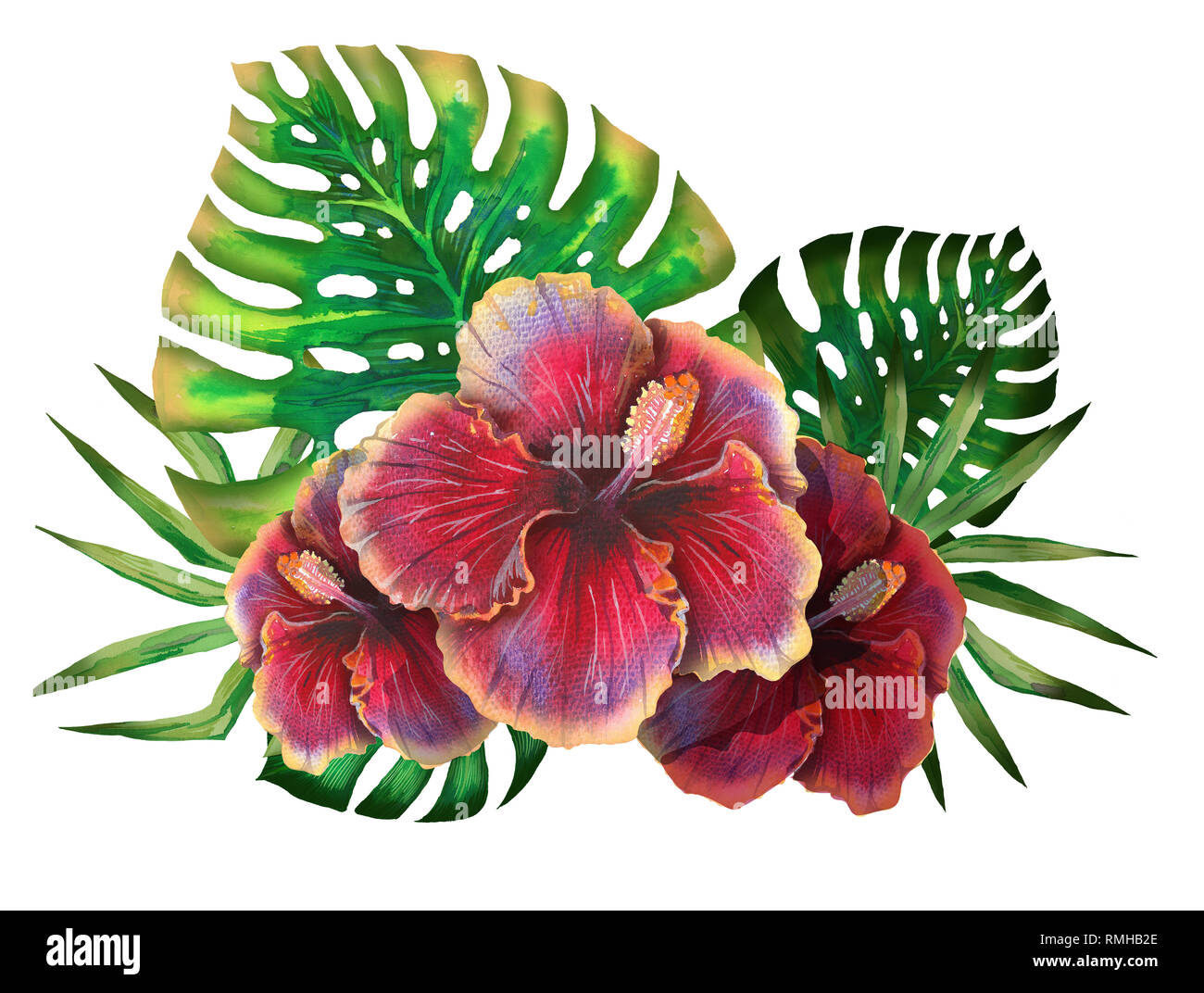 Watercolor summer tropical design for banner or flyer with exotic palm leaves, hibiscus flowers Stock Photo