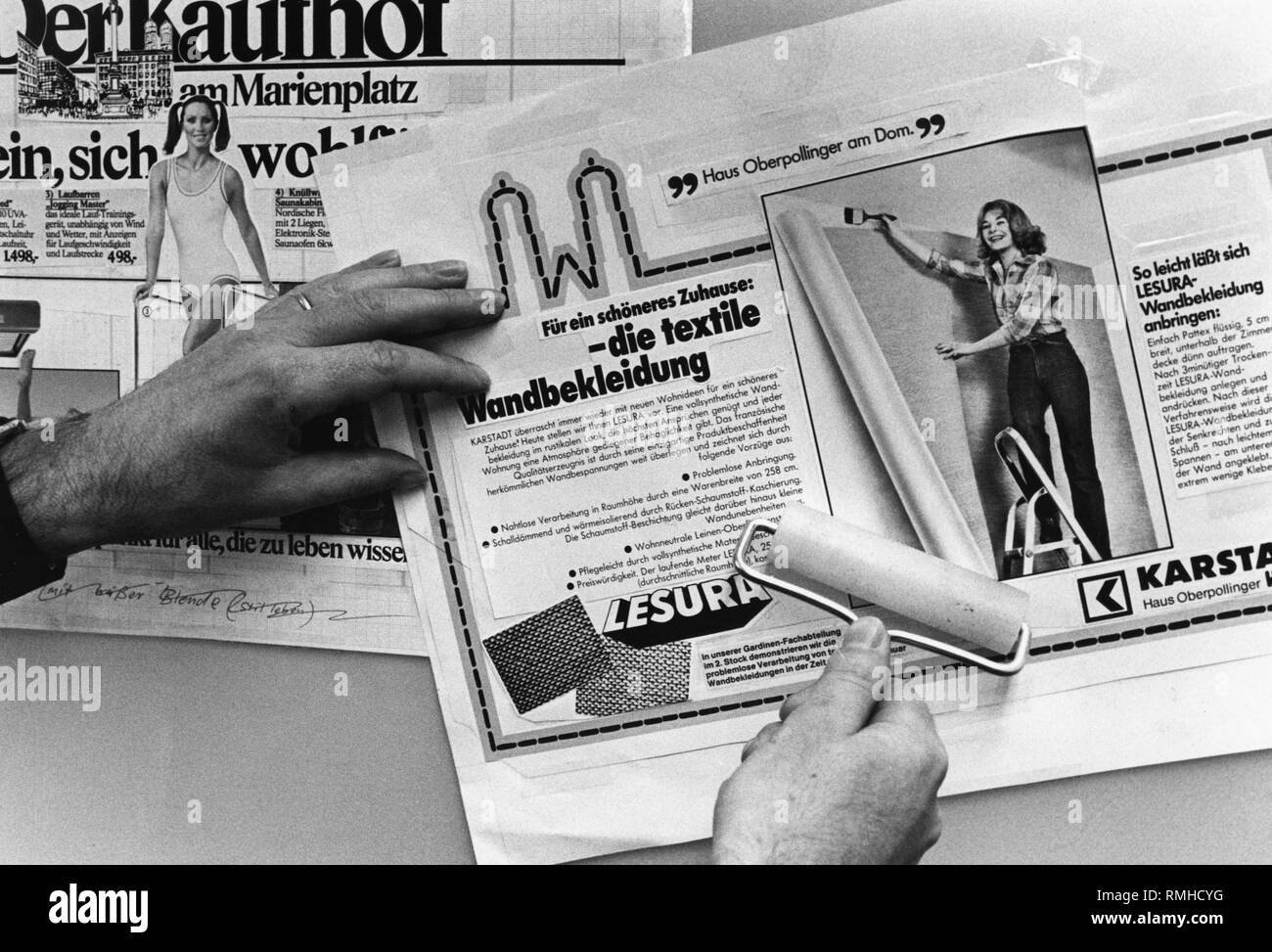 Composing room of the Sueddeutsche Zeitung: montage of ads (undated photo). Stock Photo